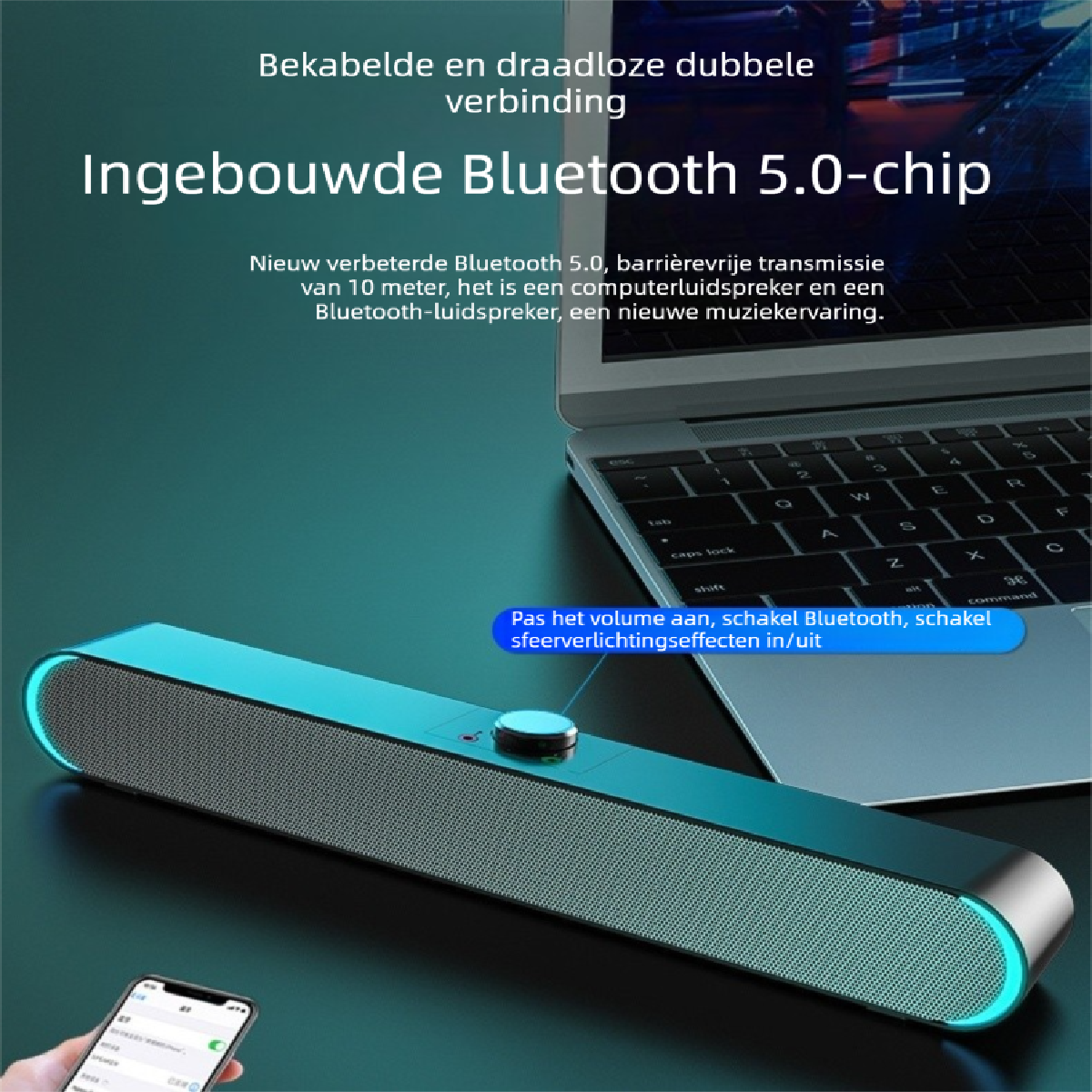 Ein blauer Bluetooth-Lautsprecher mit Laptop und Handy. Lichteffekte.