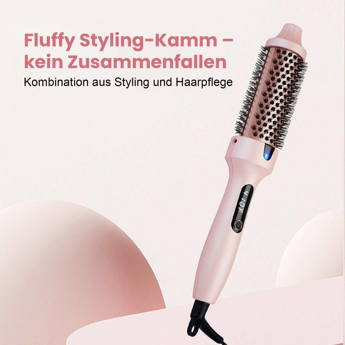 Ein rosafarbener, rotierender Stylingkamm mit Bürste und digitaler Temperaturanzeige.
