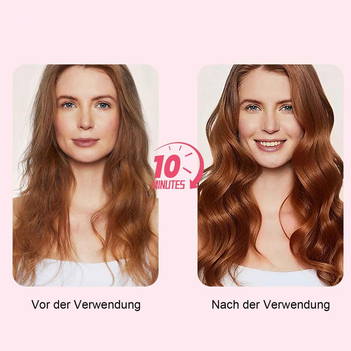 Vorher/Nachher-Vergleich: Frau mit glattem Haar links, vollem Haar rechts.