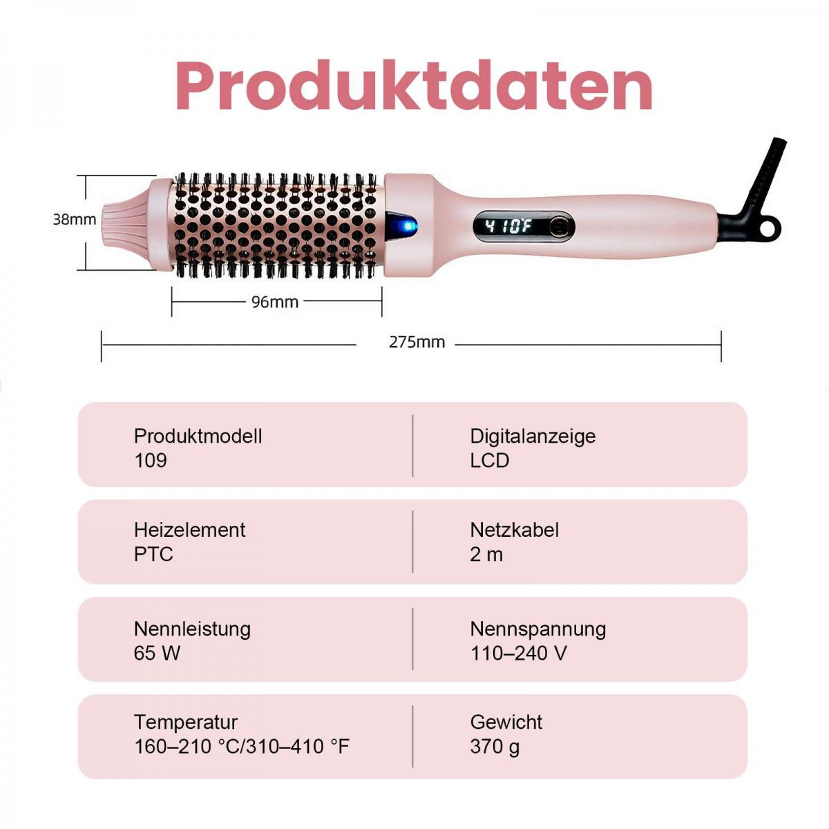 Ein roségoldener Lockenstab mit digitalen Temperaturanzeige und Maßen.