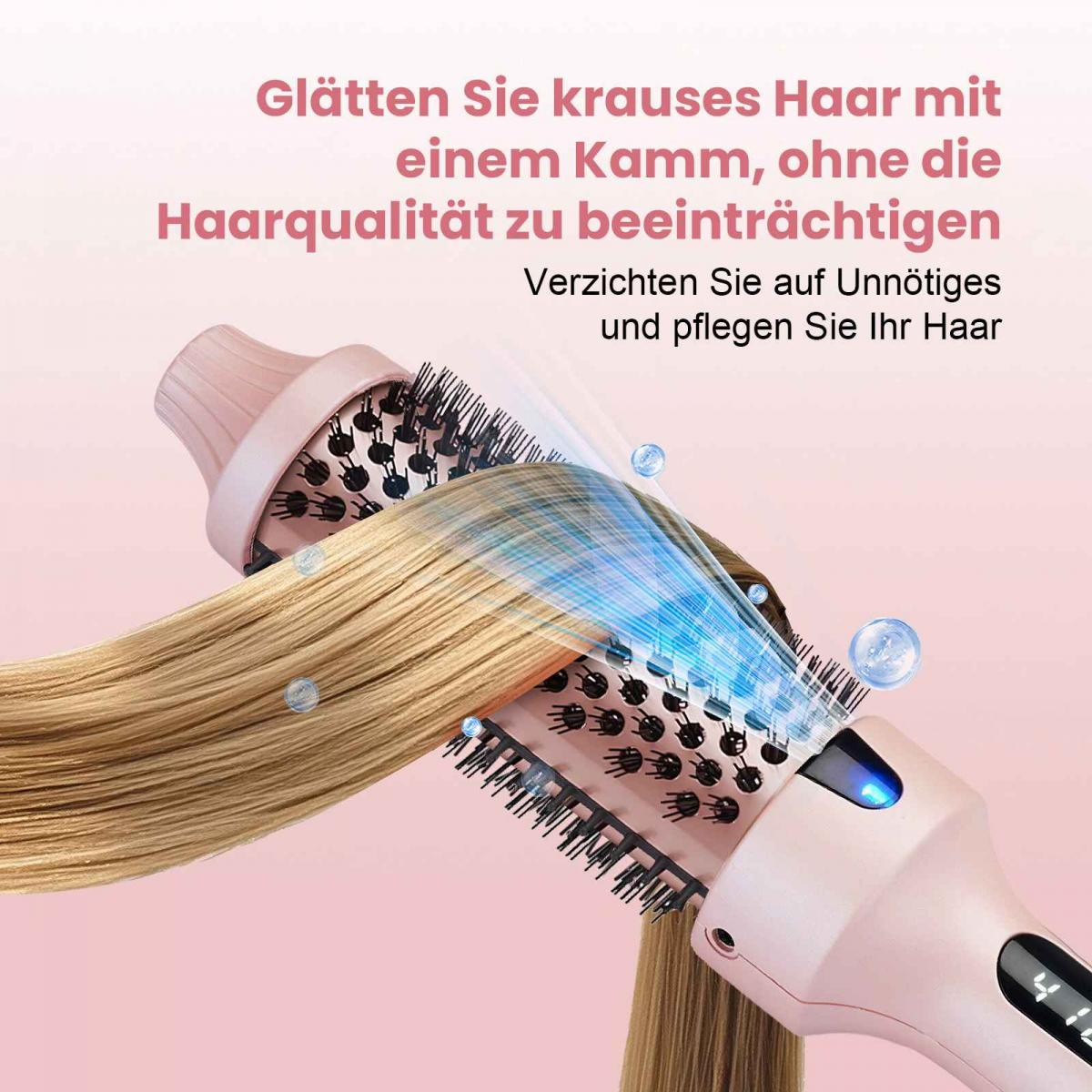 Ein rosa Kamm glättet blondes Haar, mit Luftstrom und Wassertropfen.