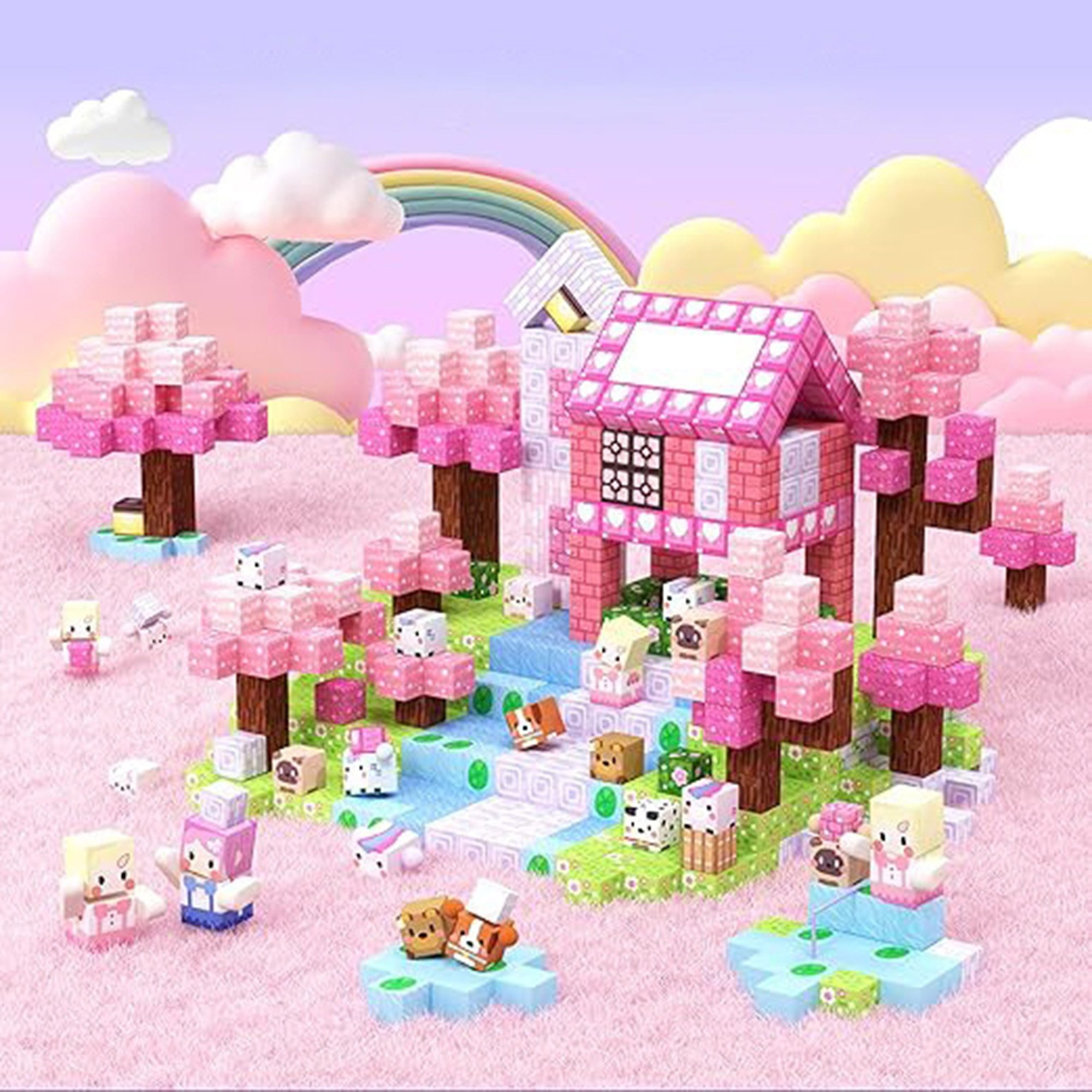 Bunte Pixel-Welt mit rosa Bäumen, Haus, Regenbogen und Figuren.