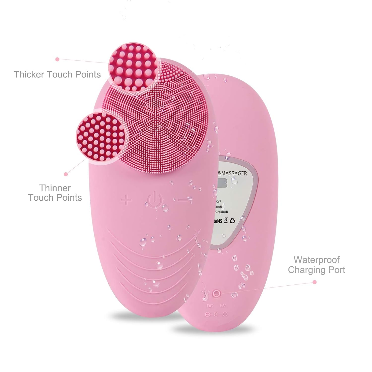 Eine rosa Gesichtsreinigungsbürste mit dickeren und dünneren Berührungspunkten. Sie hat einen wasserdichten Ladeanschluss.