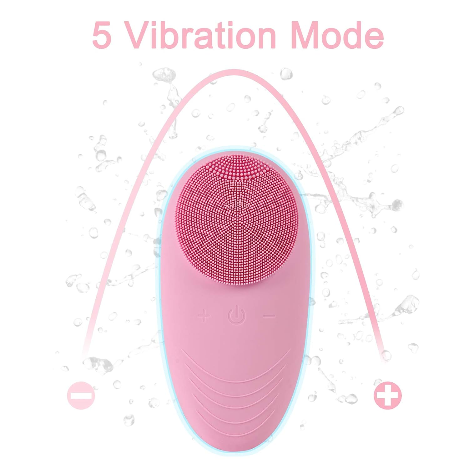 Ein rosa Gesichtsreinigungsbürsten-Gerät mit 5 Vibrationsmodi und Wasserspritzern.