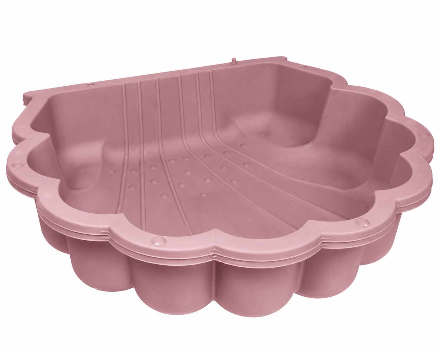 Eine rosafarbene Muschel-Sandkastenform aus Kunststoff.