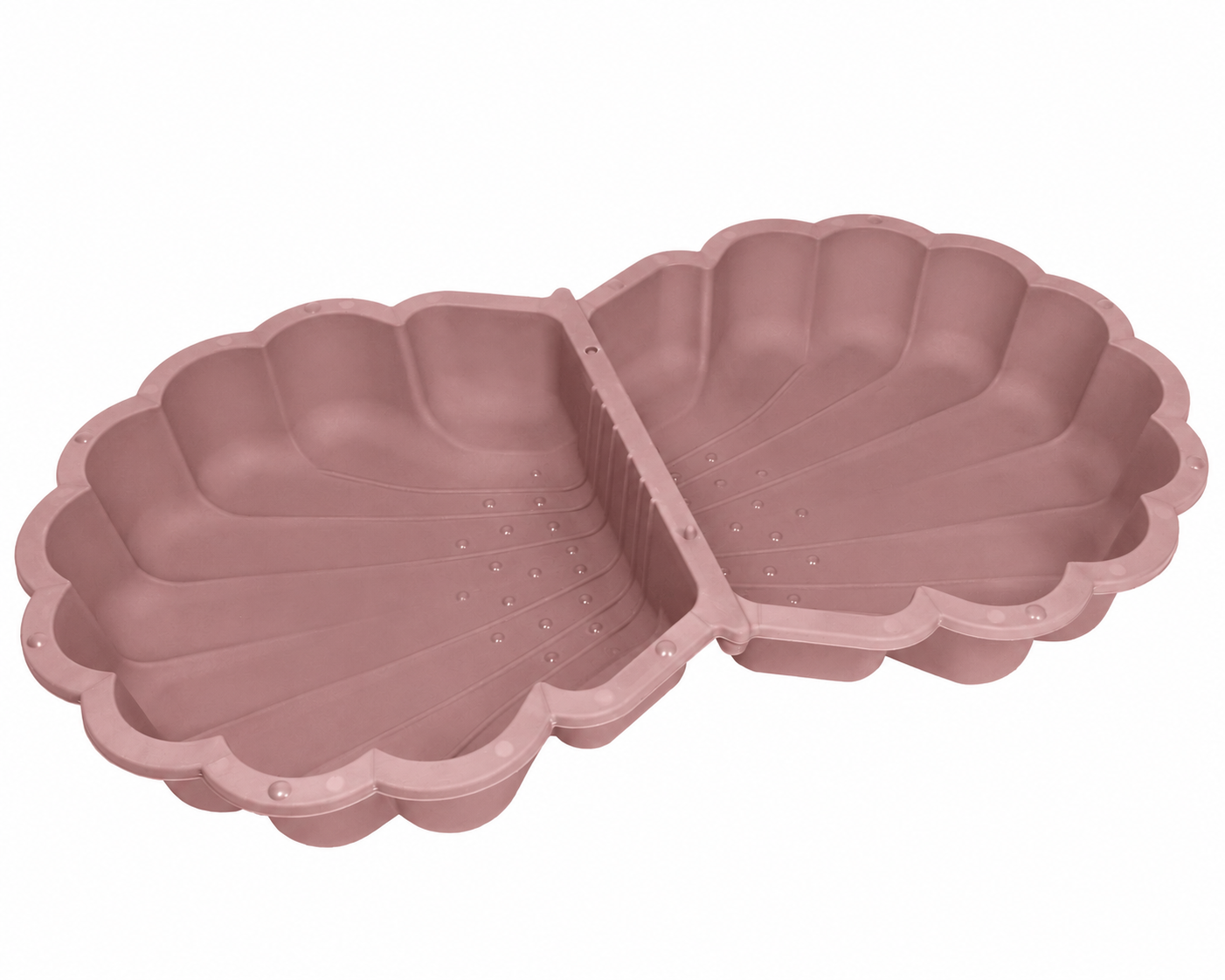 Eine rosa Muschel-Sandkastenform mit gerippten Details und separaten Kammern.