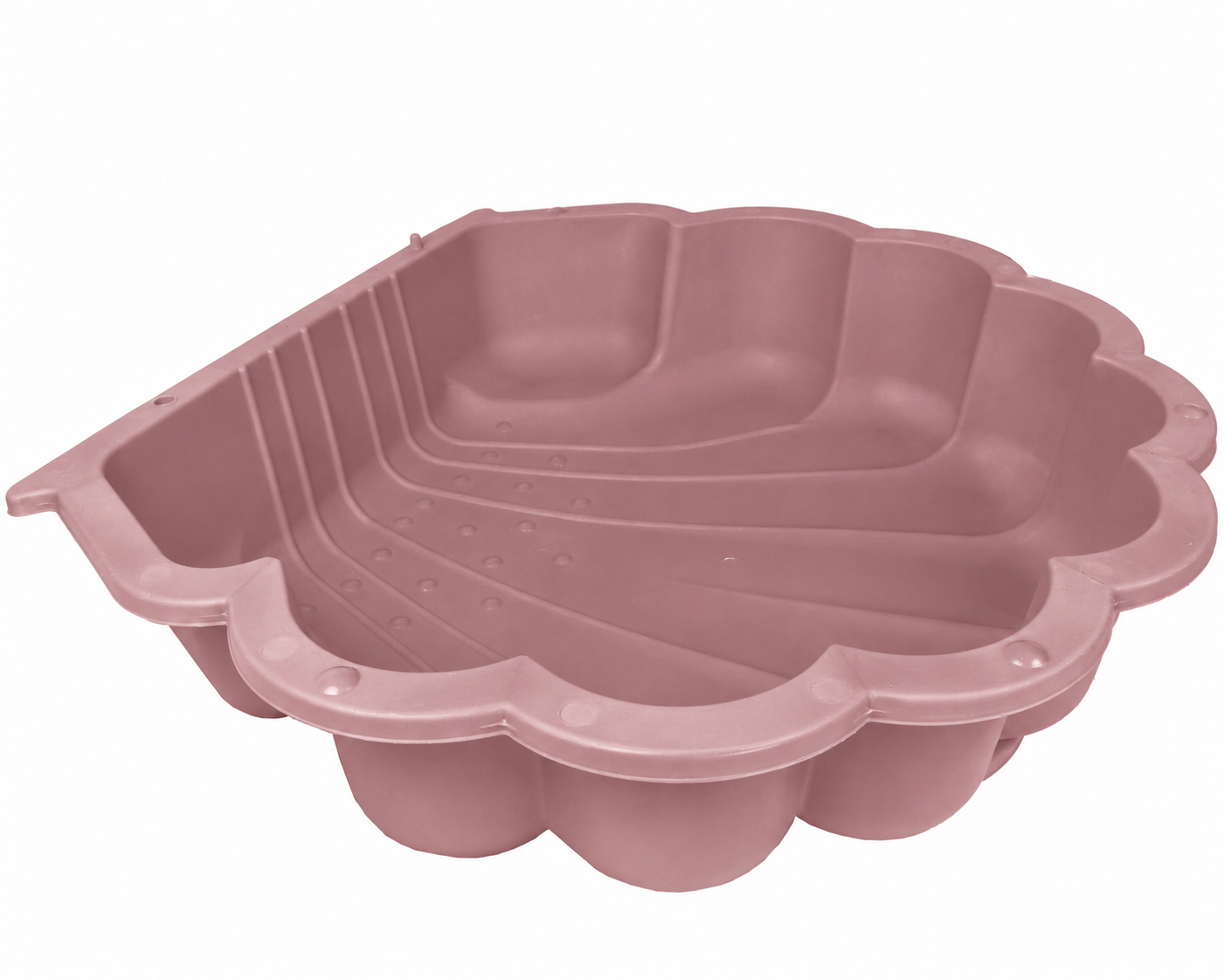 Eine rosafarbene Muschel-Sandkastenform aus Kunststoff, leer.