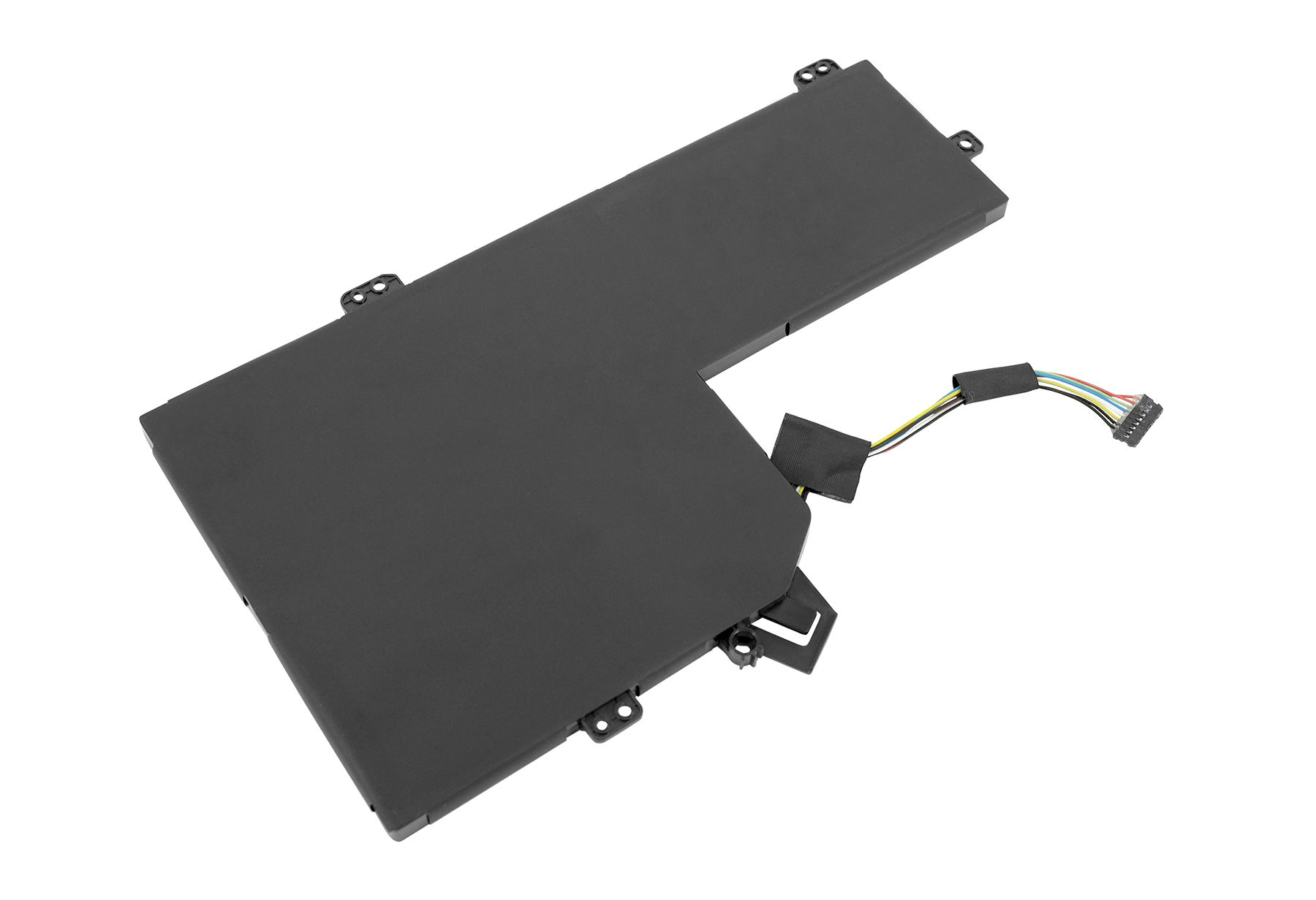 Schwarzer Laptop-Akku mit Kabeln und Anschluss.