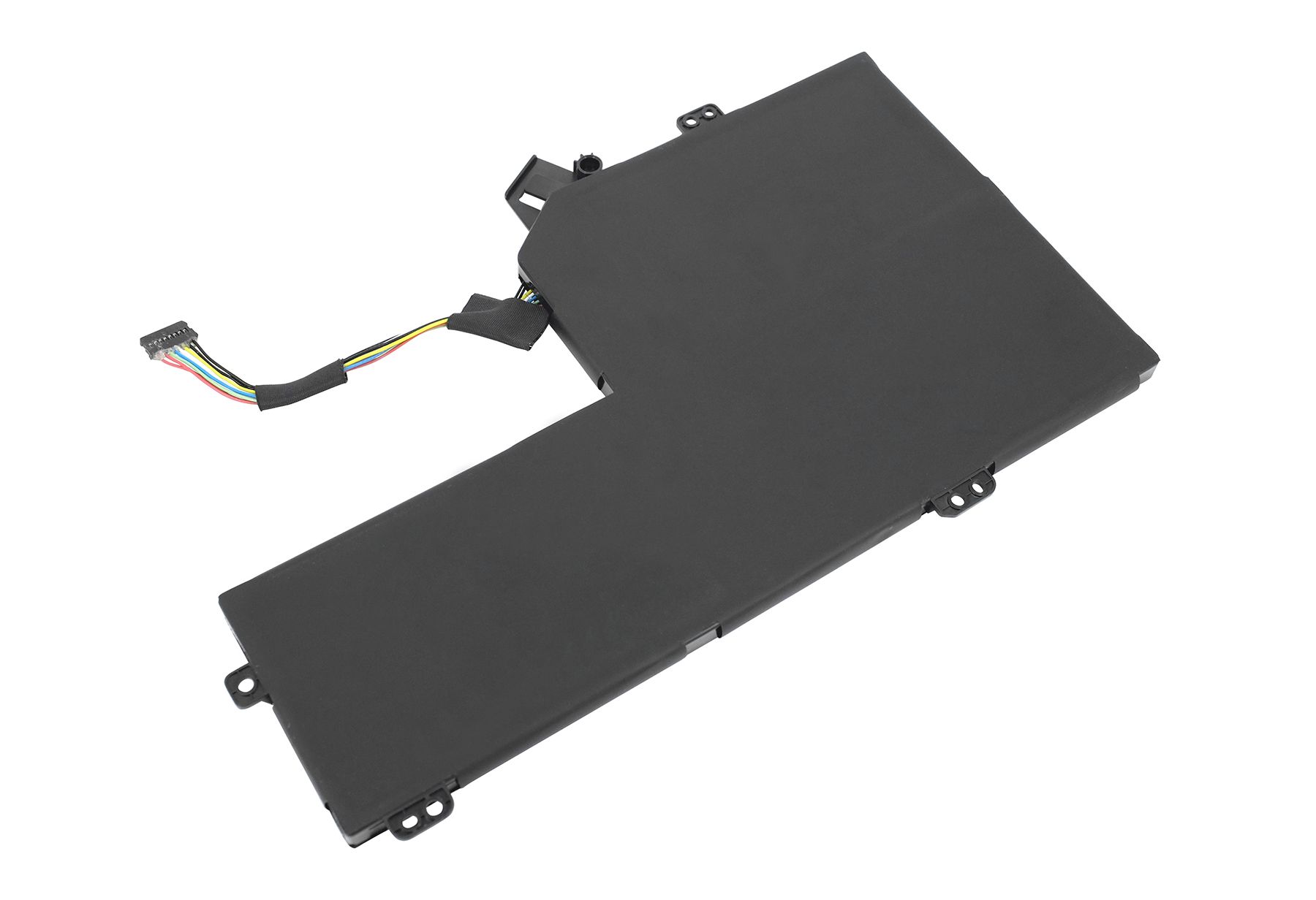 Ein schwarzer L-förmiger Laptop-Akku mit mehrfarbigem Drahtstecker auf weißem Hintergrund.