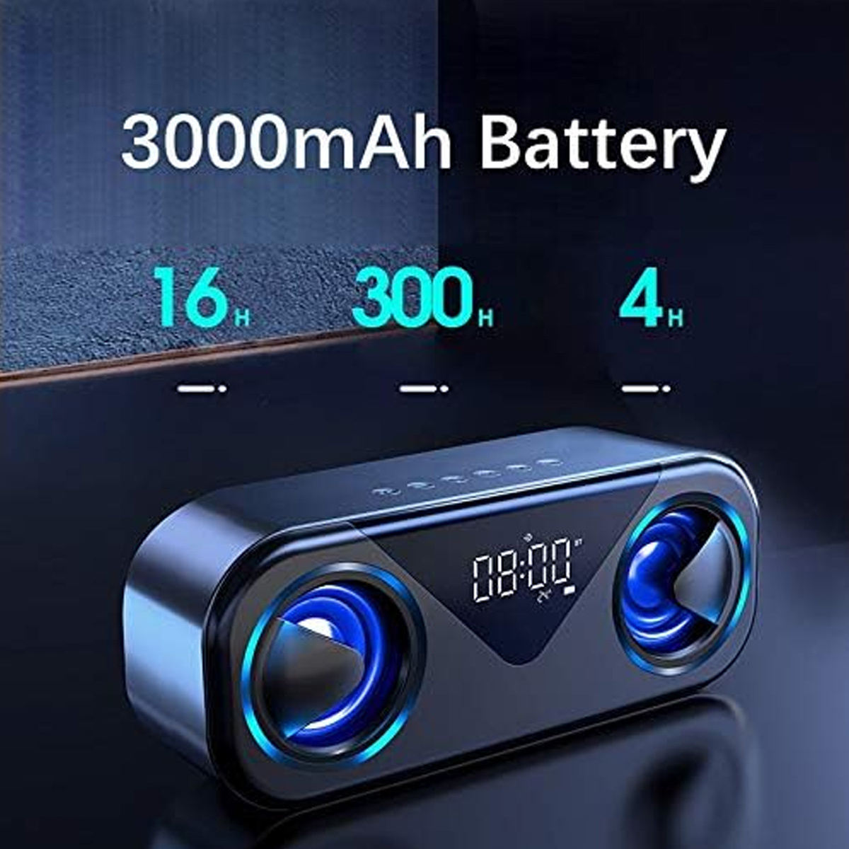 Ein schwarzer Bluetooth-Lautsprecher mit blauen Lichtern und einem digitalen Display.