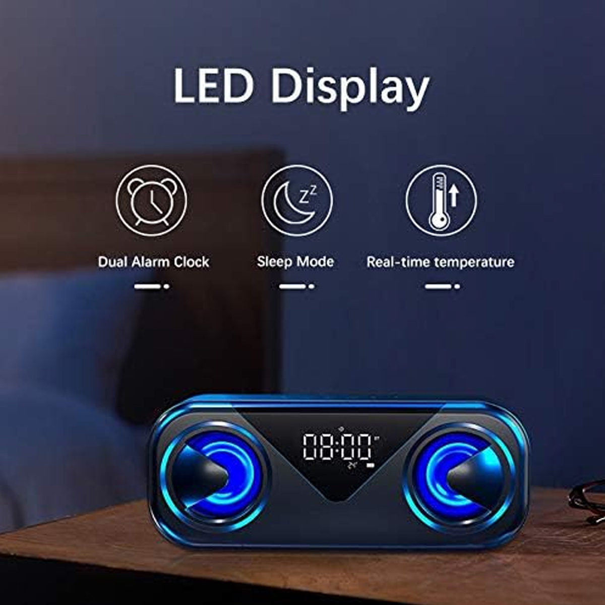 Ein blauer LED-Lautsprecher mit digitaler Uhrzeit 08:00, daneben sind Symbole für Alarm, Schlafmodus und Temperatur.