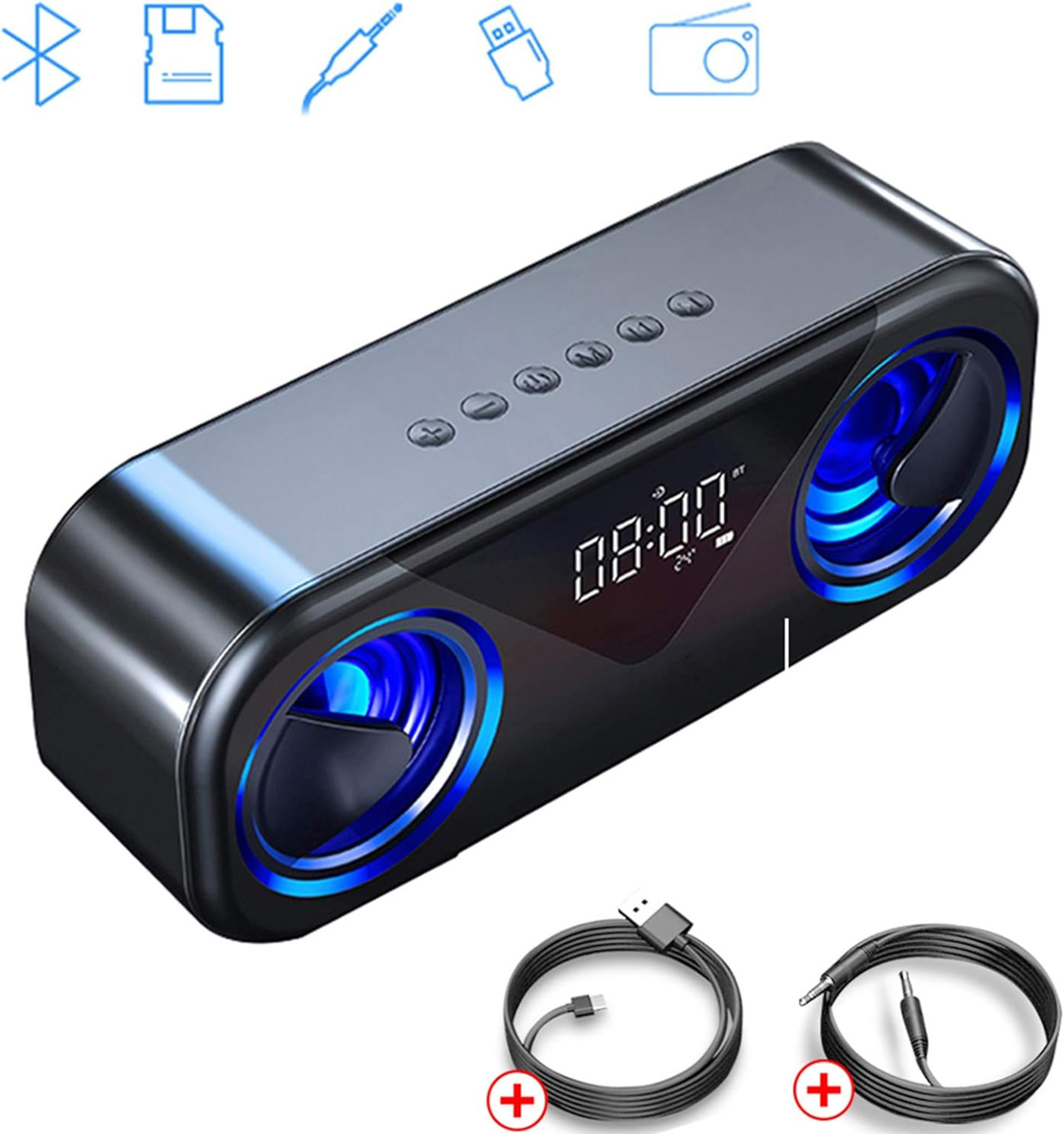 Schwarzer Bluetooth-Lautsprecher mit blauen Lichtern, Digitaluhr und Kabeln.