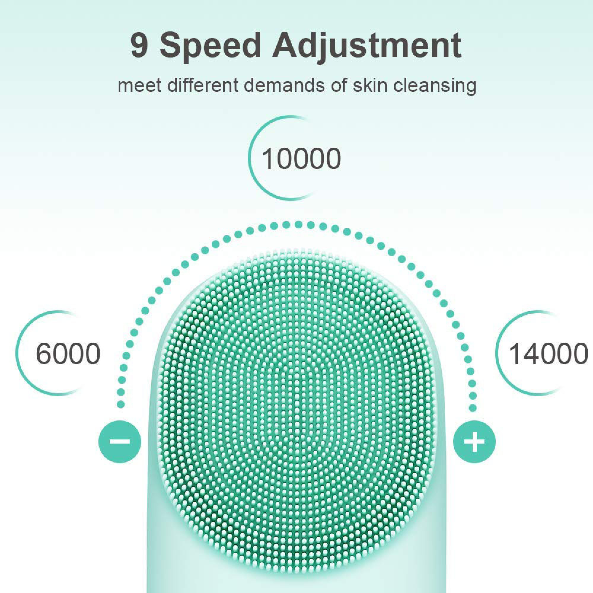 Ein hellgrünes Reinigungsgerät mit Silikonborsten, 6000, 10000, 14000 U/min.