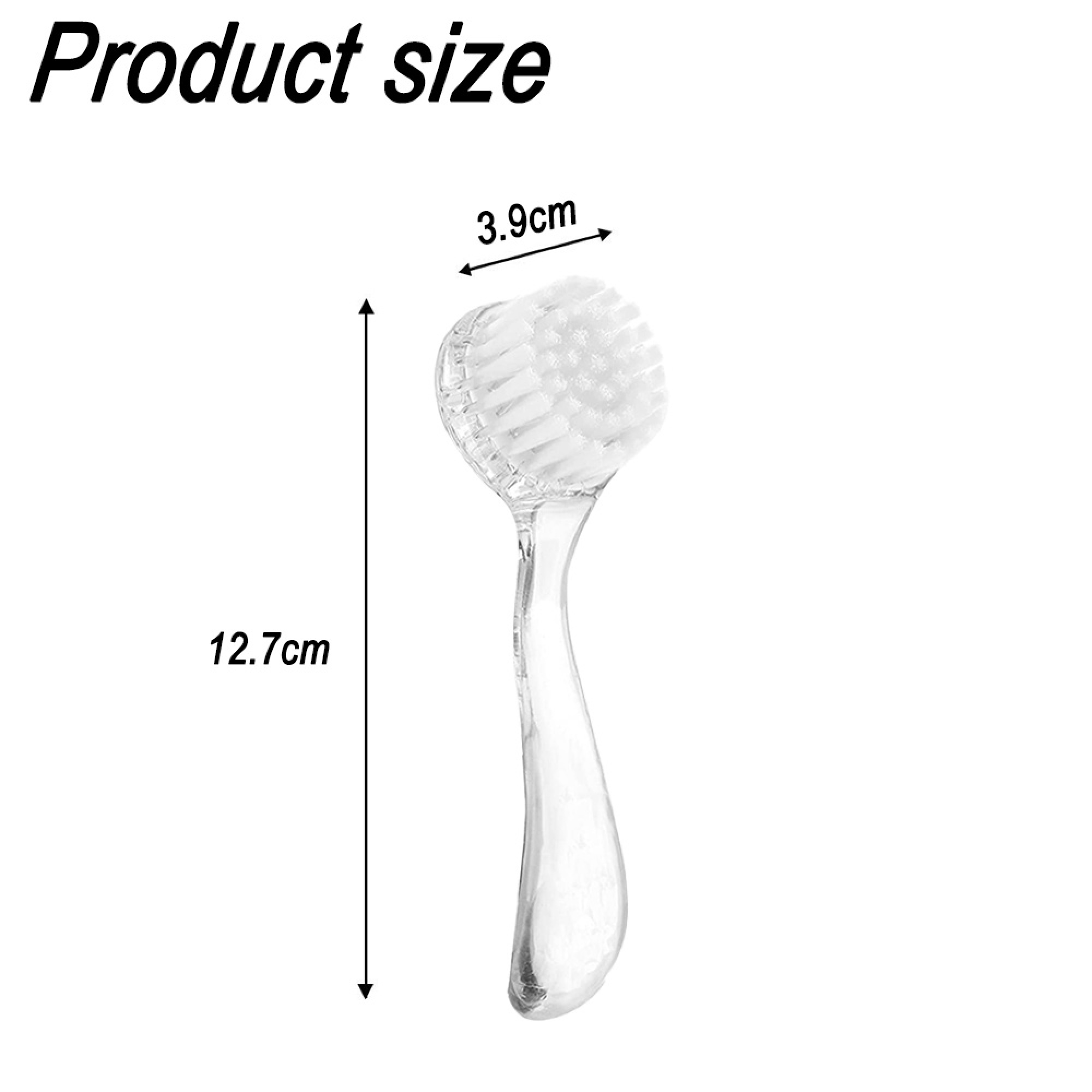 Ein transparenter Gesichtsreinigungsbürstenkopf mit Griff, 12,7 cm hoch, 3,9 cm breit.