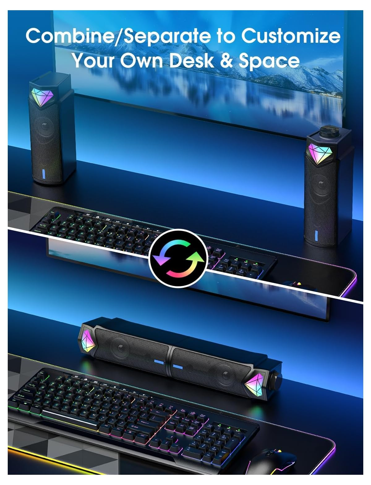 Zwei Desktop-Lautsprecher mit RGB-Beleuchtung und einer Tastatur.