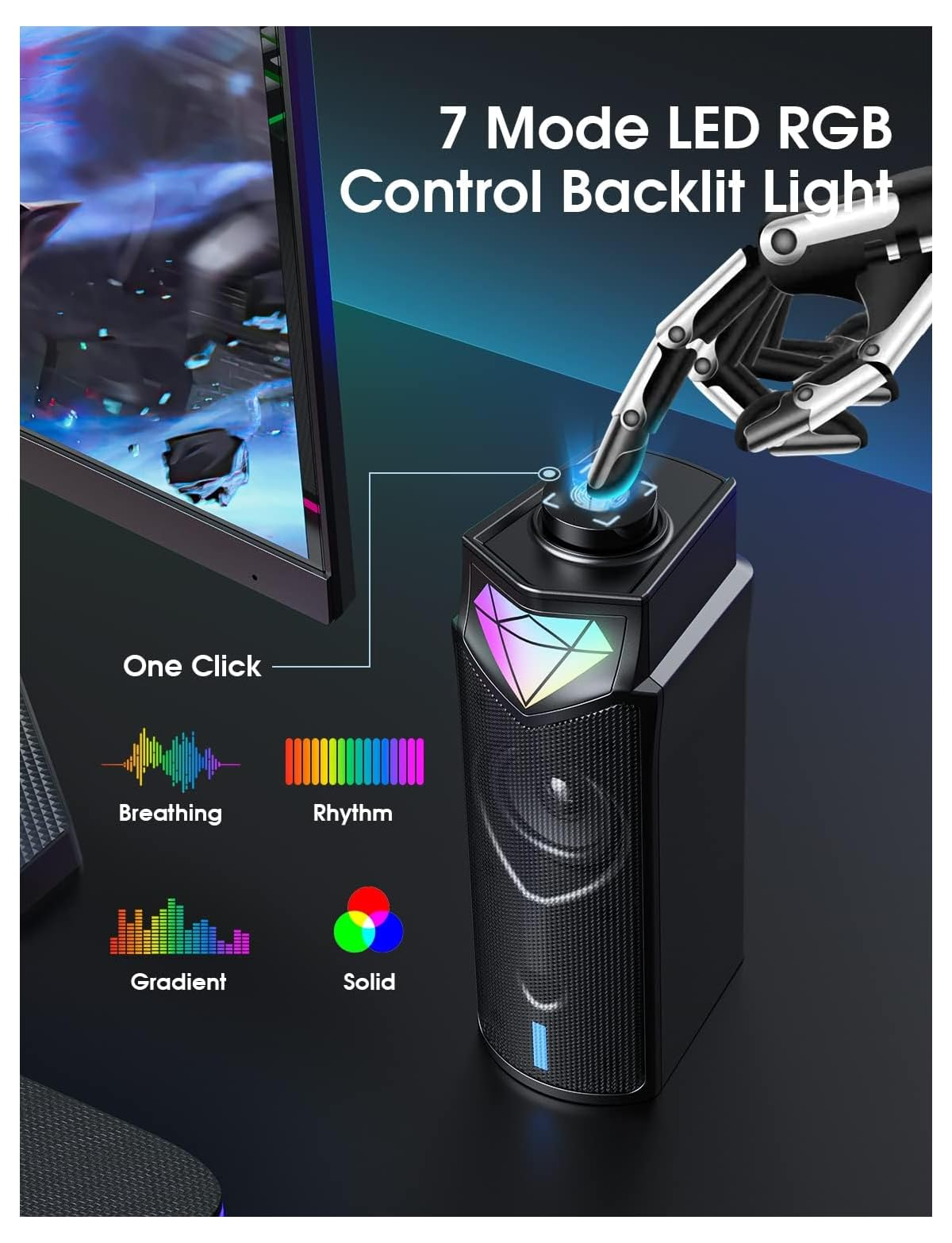 Ein schwarzer Lautsprecher mit RGB-Beleuchtung und einem Roboterarm, der einen Knopf drückt.
