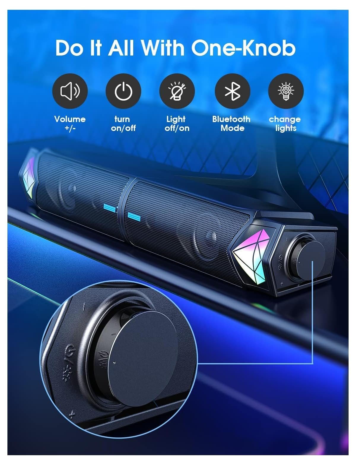 Ein schwarzer Lautsprecher mit bunten Lichtern und Symbolen für Lautstärke, Ein/Aus, Licht und Bluetooth.