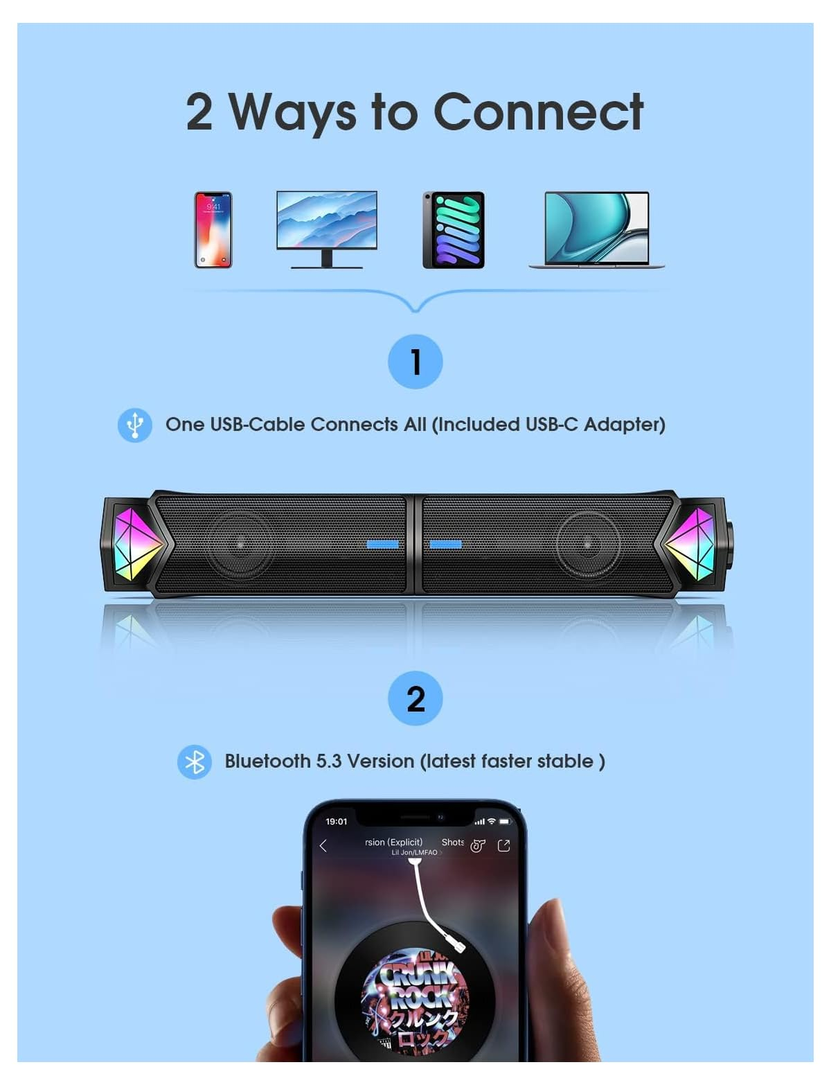 Zwei Verbindungsarten: USB-Kabel oder Bluetooth 5.3. Beinhaltet Lautsprecher und Handy.