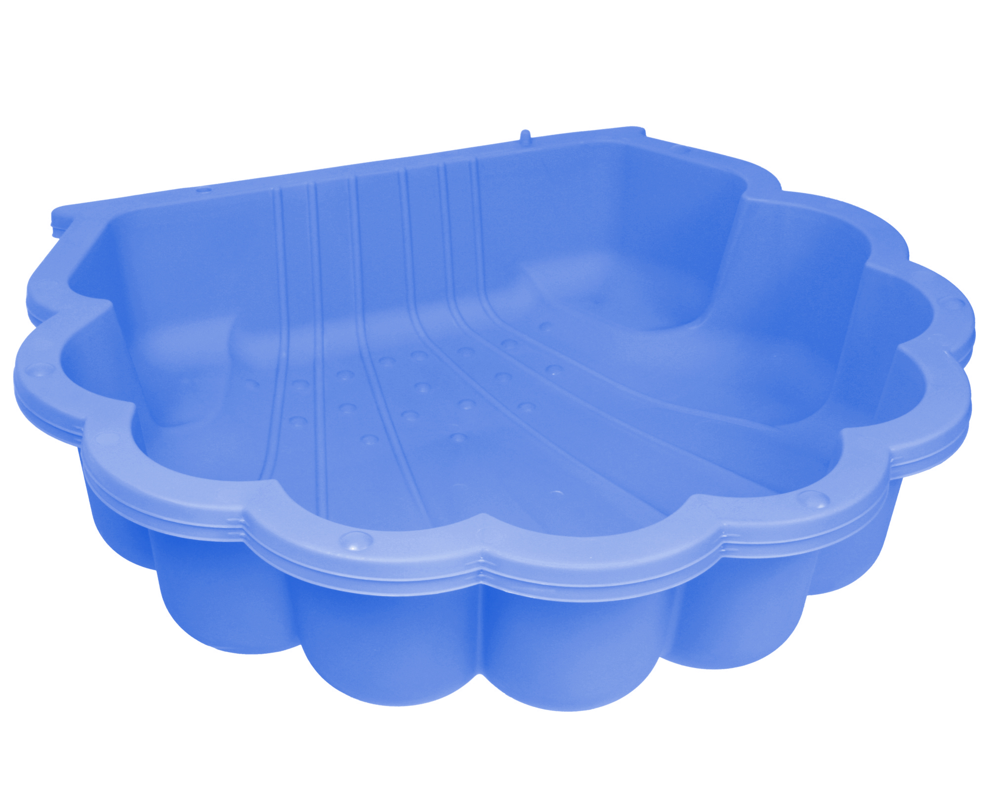 Eine blaue Muschel-Sandkastenform mit geripptem Inneren und welligem Rand.