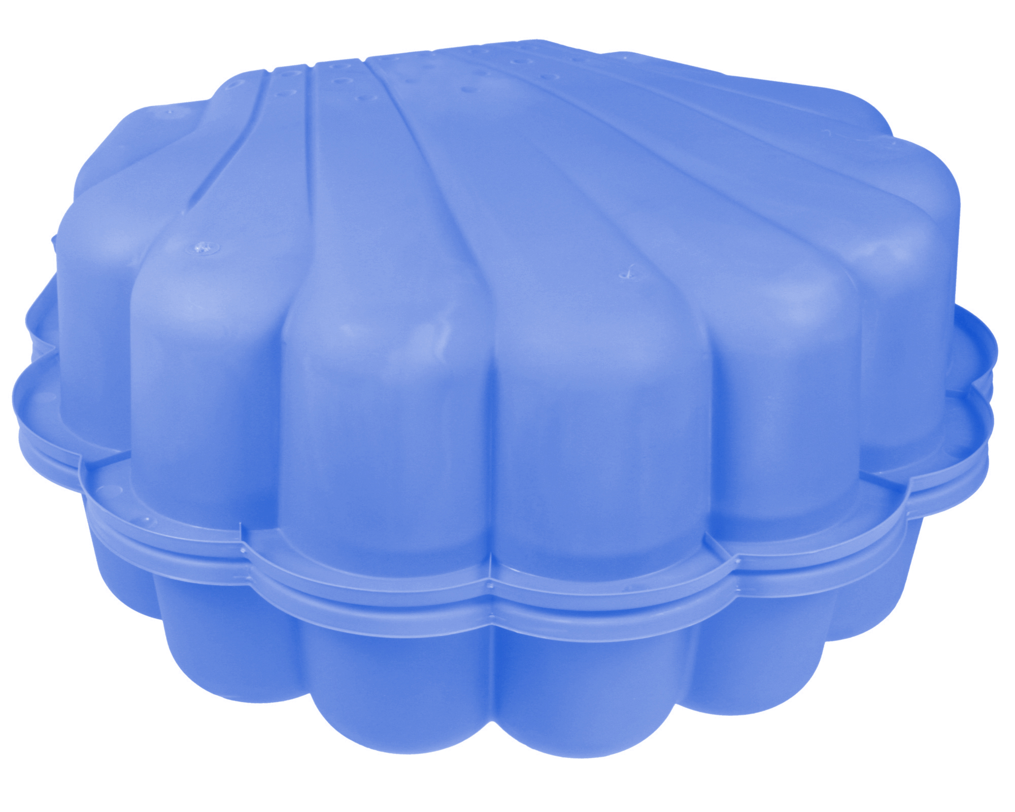 Blaue Muschel-Sandkastenform mit geripptem Deckel und gewelltem Rand.