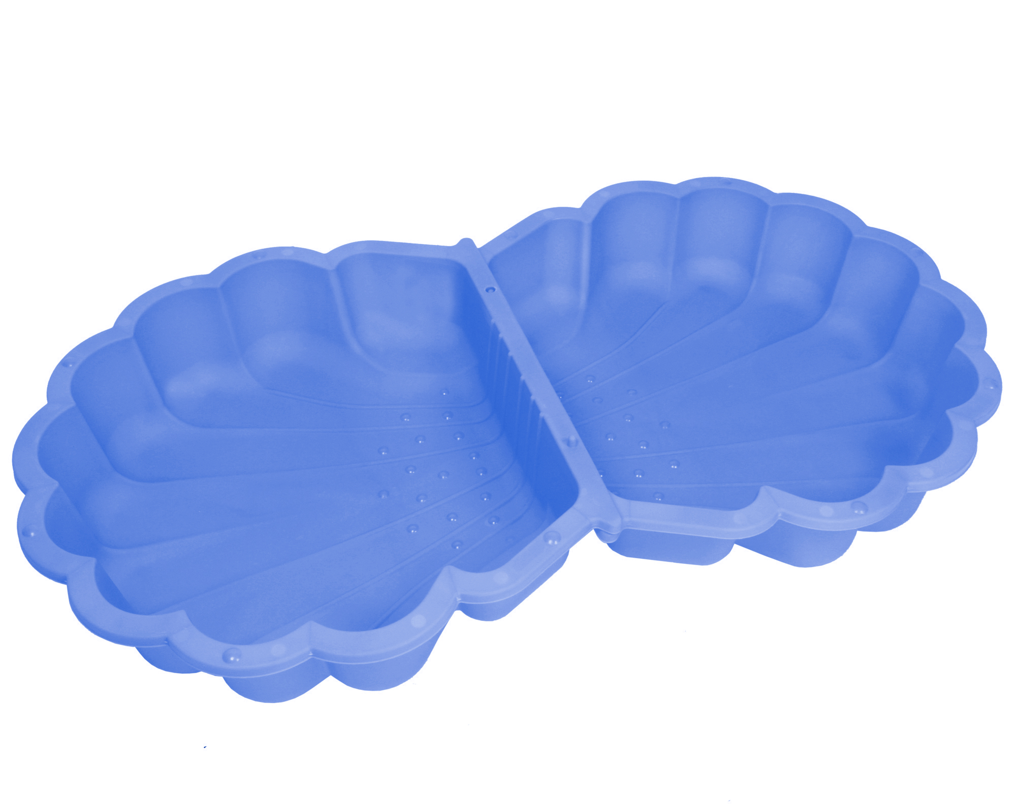 Eine blaue Muschelform mit zwei Kammern und gewelltem Rand.