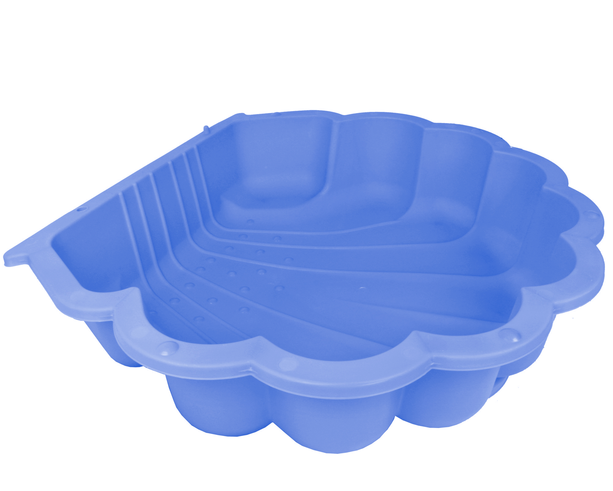 Eine blaue Muschel-Sandkastenform mit Wellenkante und Rillen.