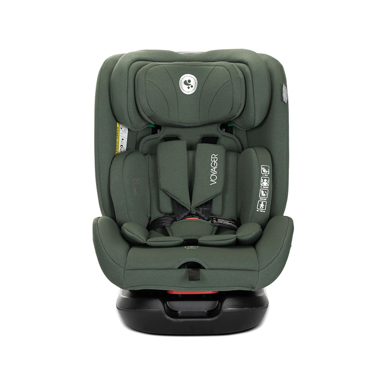 Ein dunkelgrüner Voyager-Kindersitz mit schwarzen Gurten und einer schwarzen Basis.
