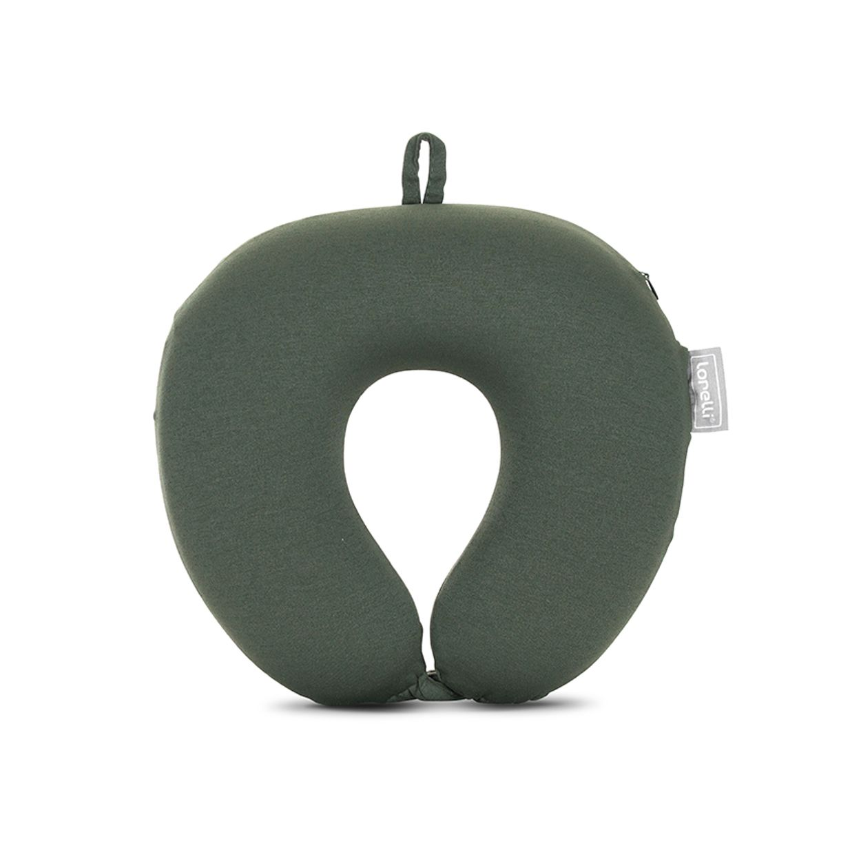 Ein dunkelgrünes Nackenkissen mit einer Schlaufe oben und einem Markenlogo auf der Seite.