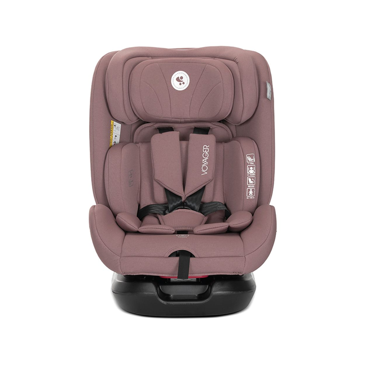 Ein rosafarbener Kindersitz mit fünf Gurten und einem schwarzen Sockel.