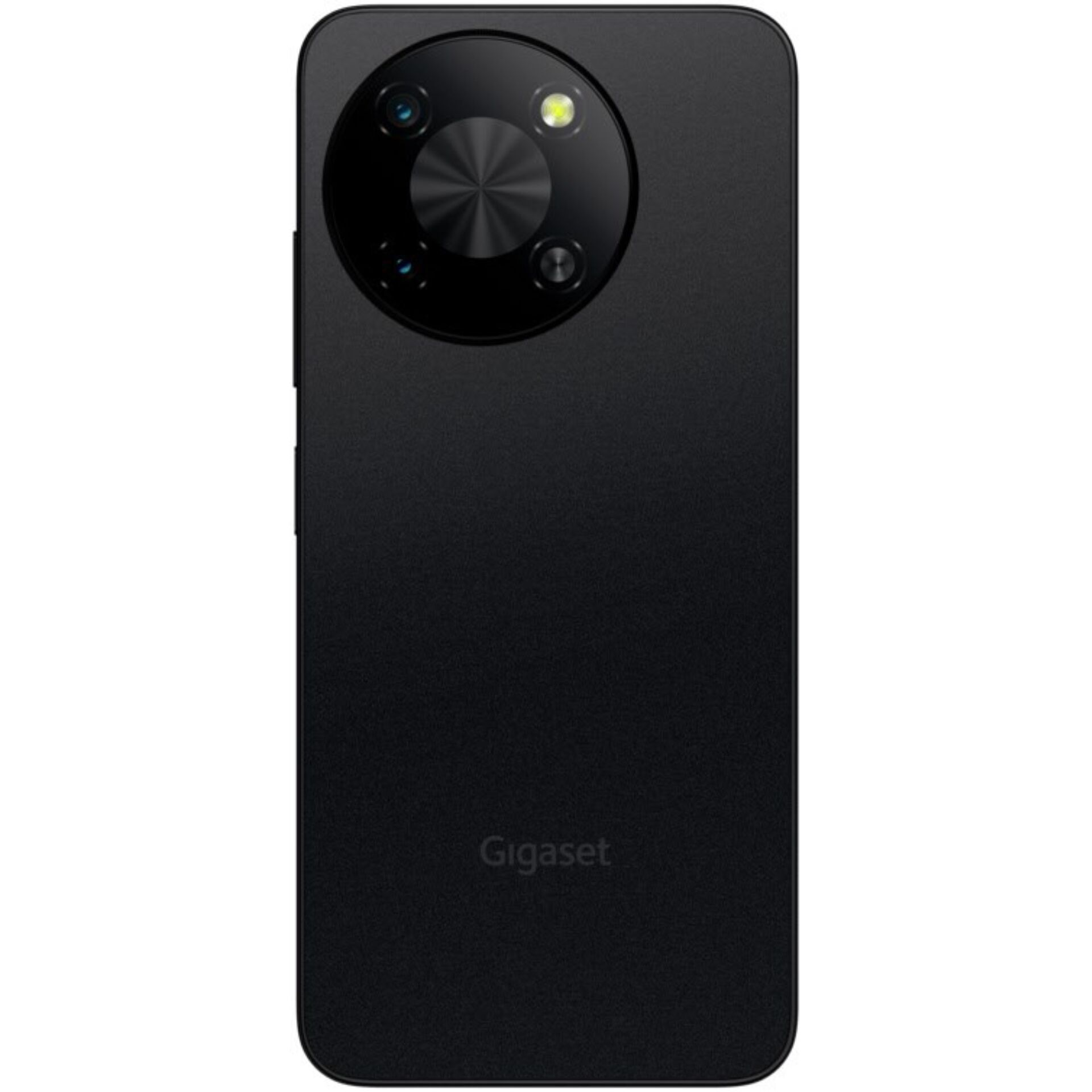 Smartphone nero con una matrice di moduli fotocamera circolare e logo Gigaset.