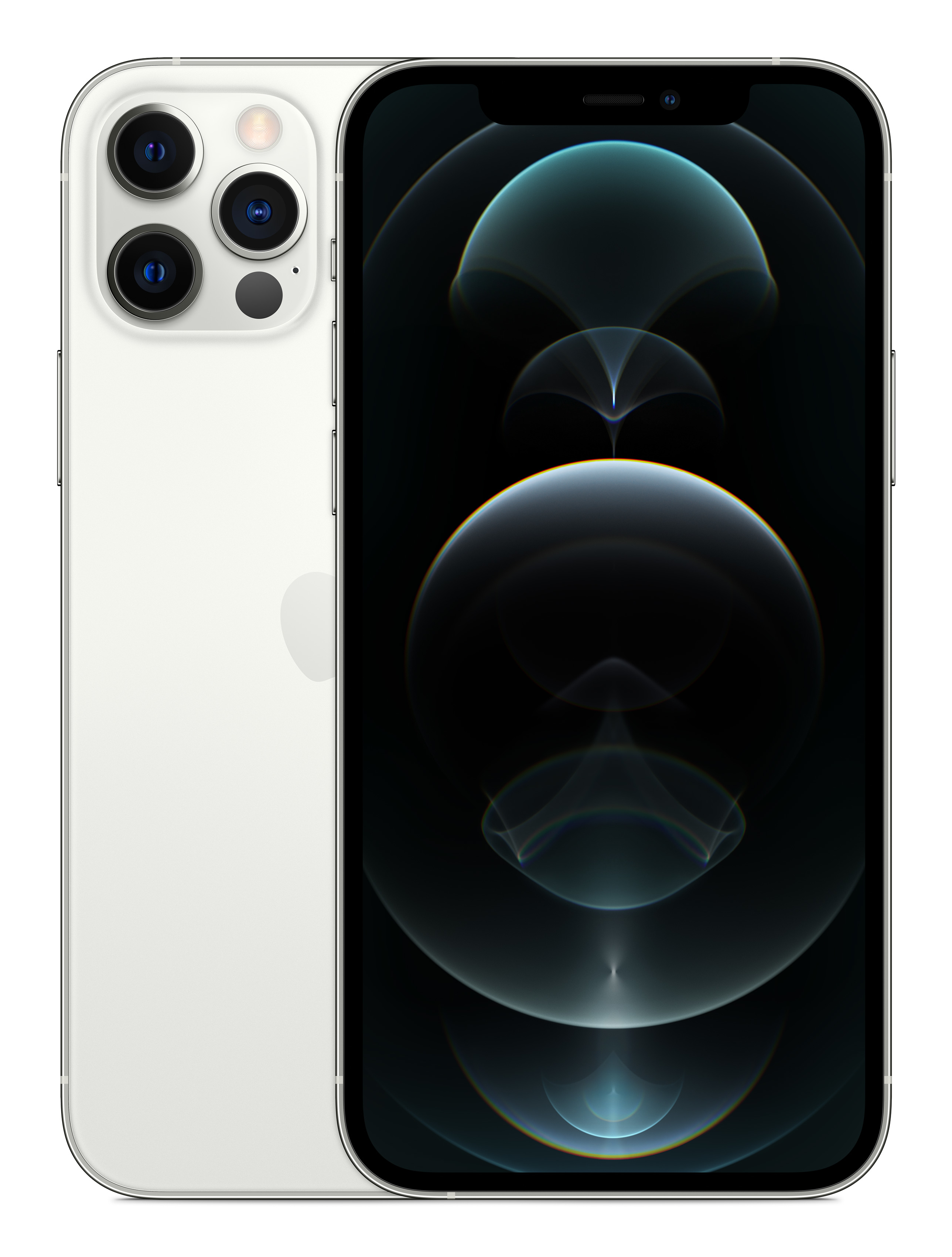 Un iPhone bianco con tre fotocamere posteriori e uno sfondo astratto scuro sul suo schermo.