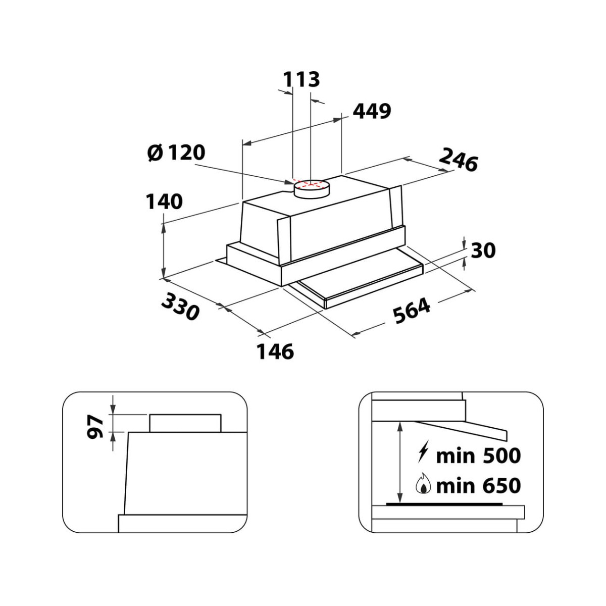 Disegno tecnico di una cappa da cucina con dimensioni.