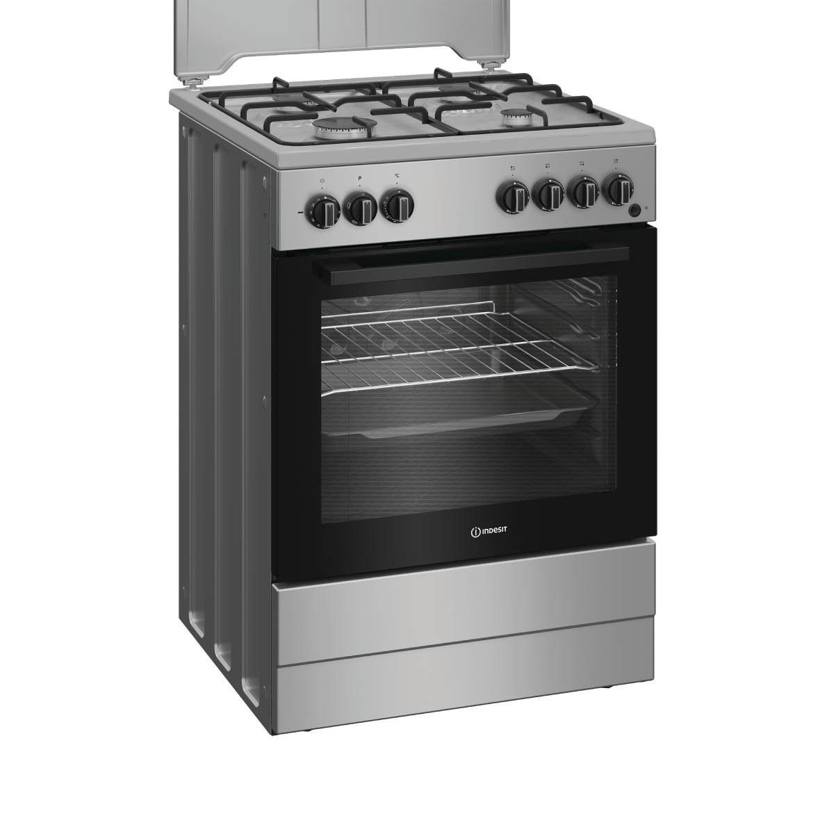 Forno a gas argento freestanding con quattro bruciatori, porta in vetro e manopole.