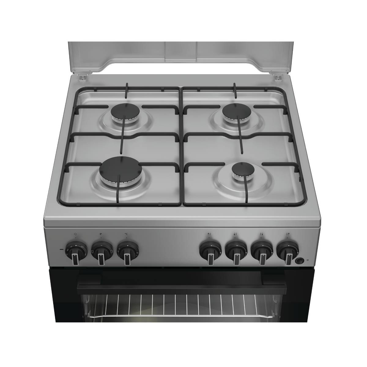 Un fornello a gas argentato con quattro fuochi e un forno sotto.