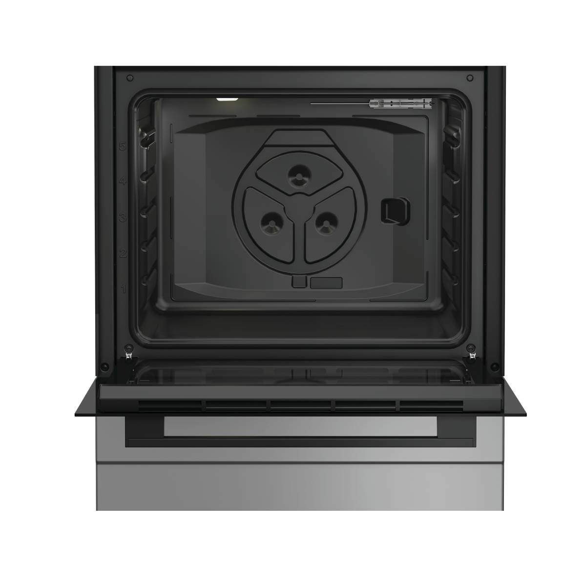 Forno da incasso nero aperto con porta in vetro e maniglia metallica.
