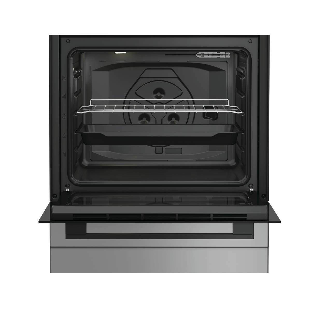 Un forno da incasso aperto con griglia e teglia all'interno.