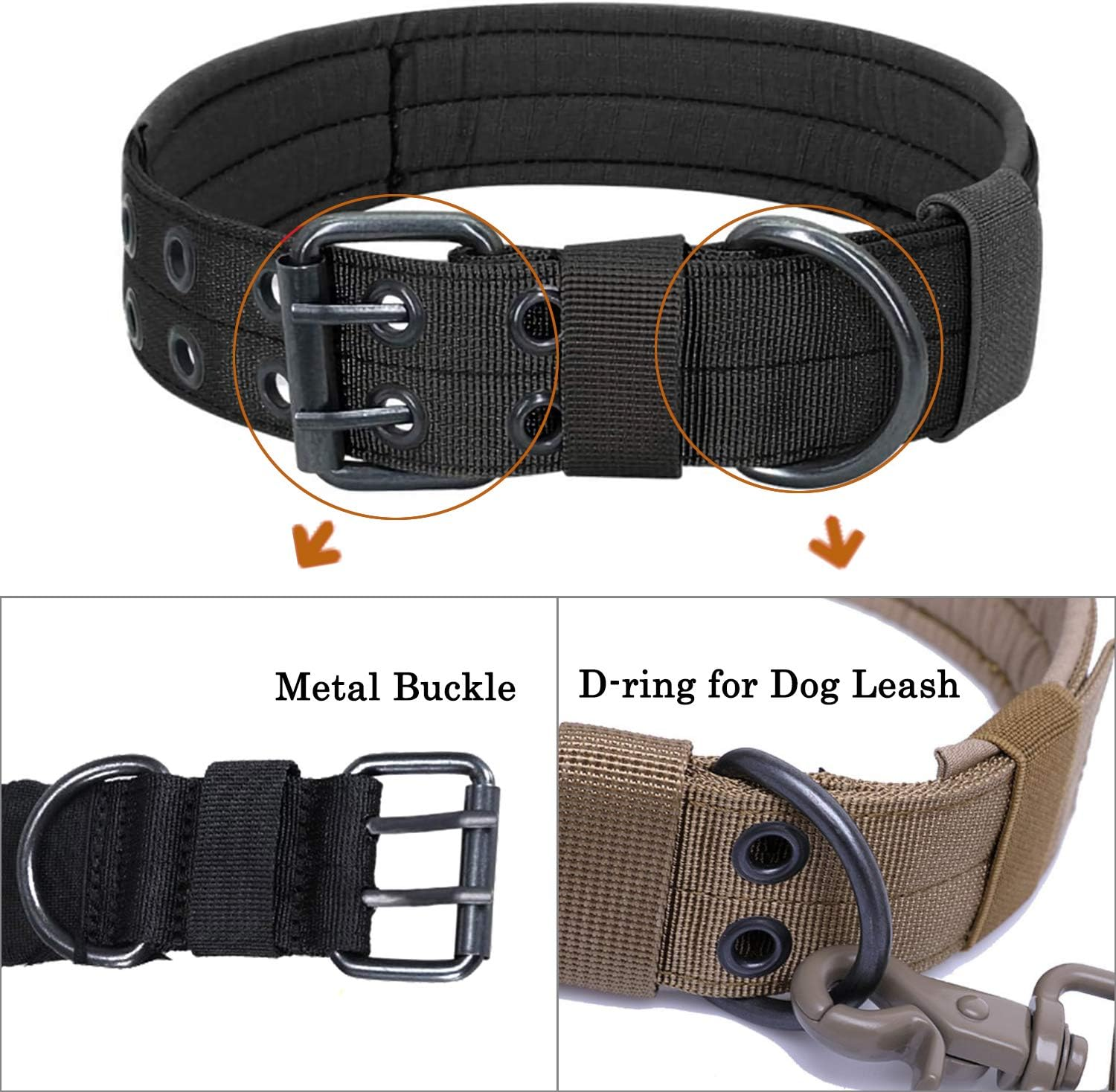 Schwarzer Hundehalsband mit Metallring und Schnalle, Ausschnitte zeigen Details.