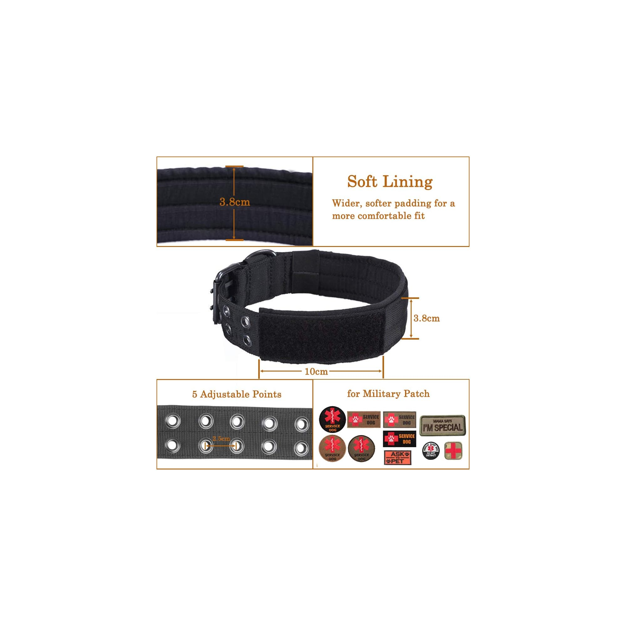 Schwarzes Hundehalsband, 3,8 cm breit, mit weichem Futter, 5 Verstellpunkten und Aufnähern.