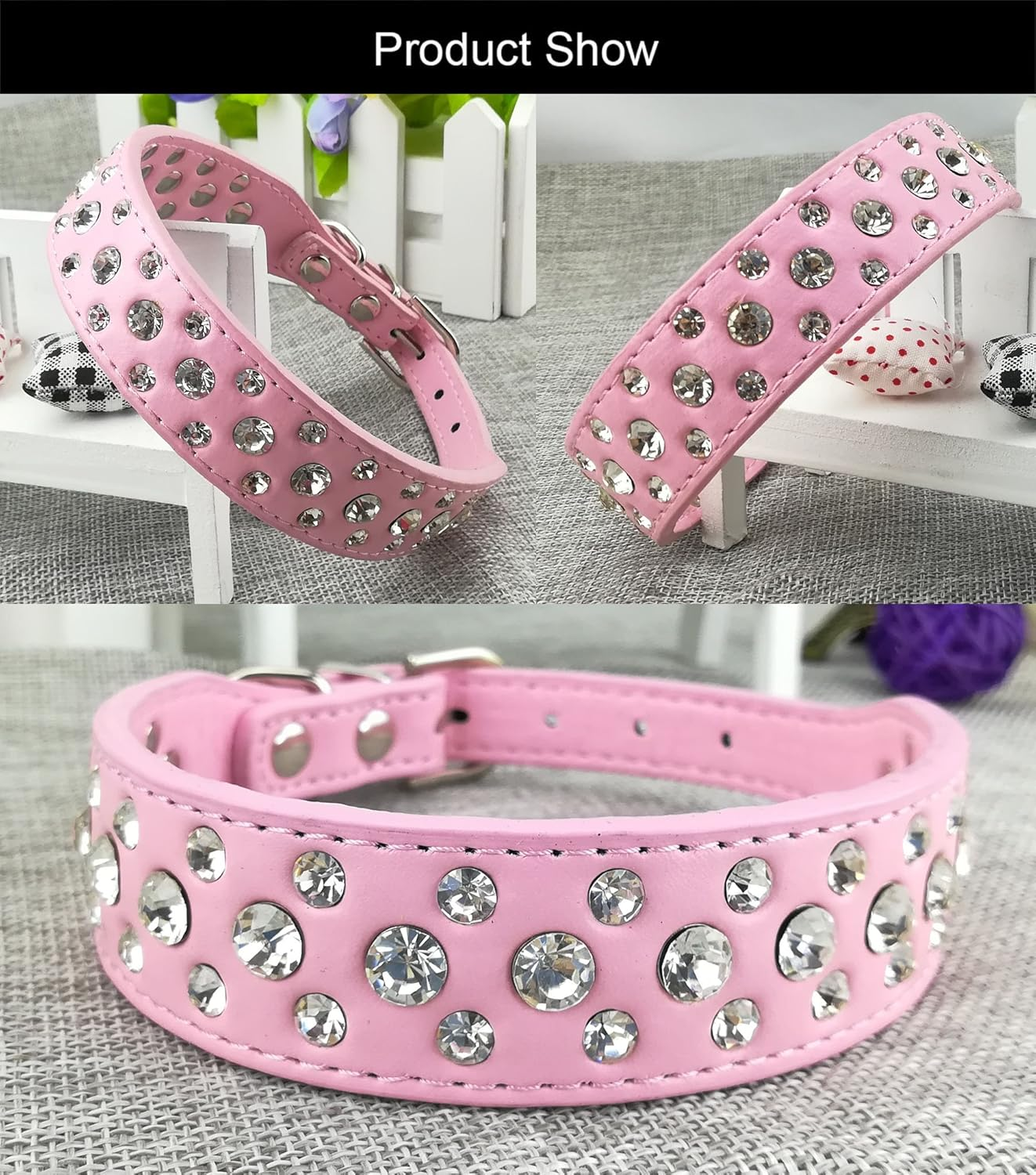 Ein rosa Hundehalsband mit Strasssteinen auf grauem Stoff.