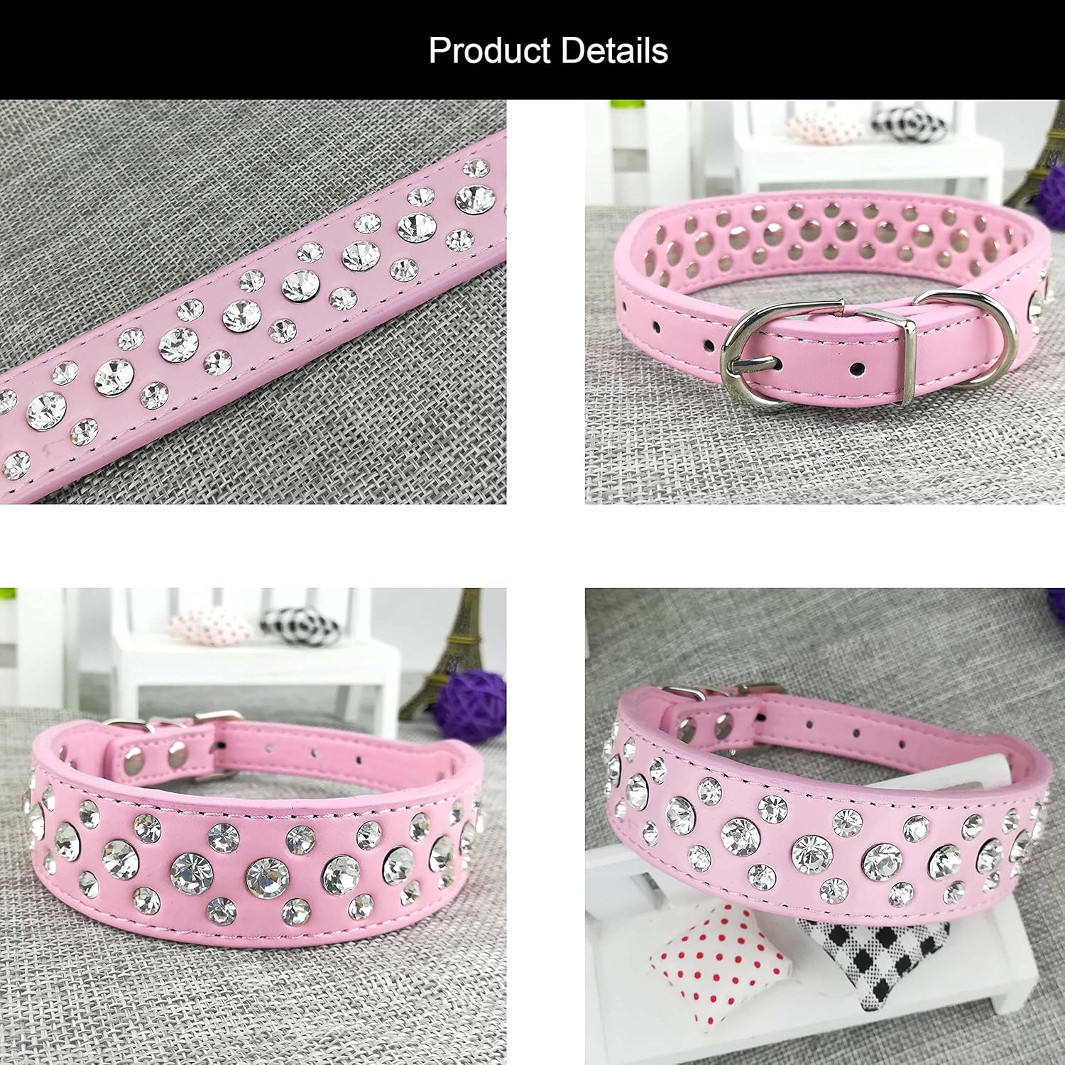 Ein rosa Hundehalsband mit Strasssteinen und Nieten.