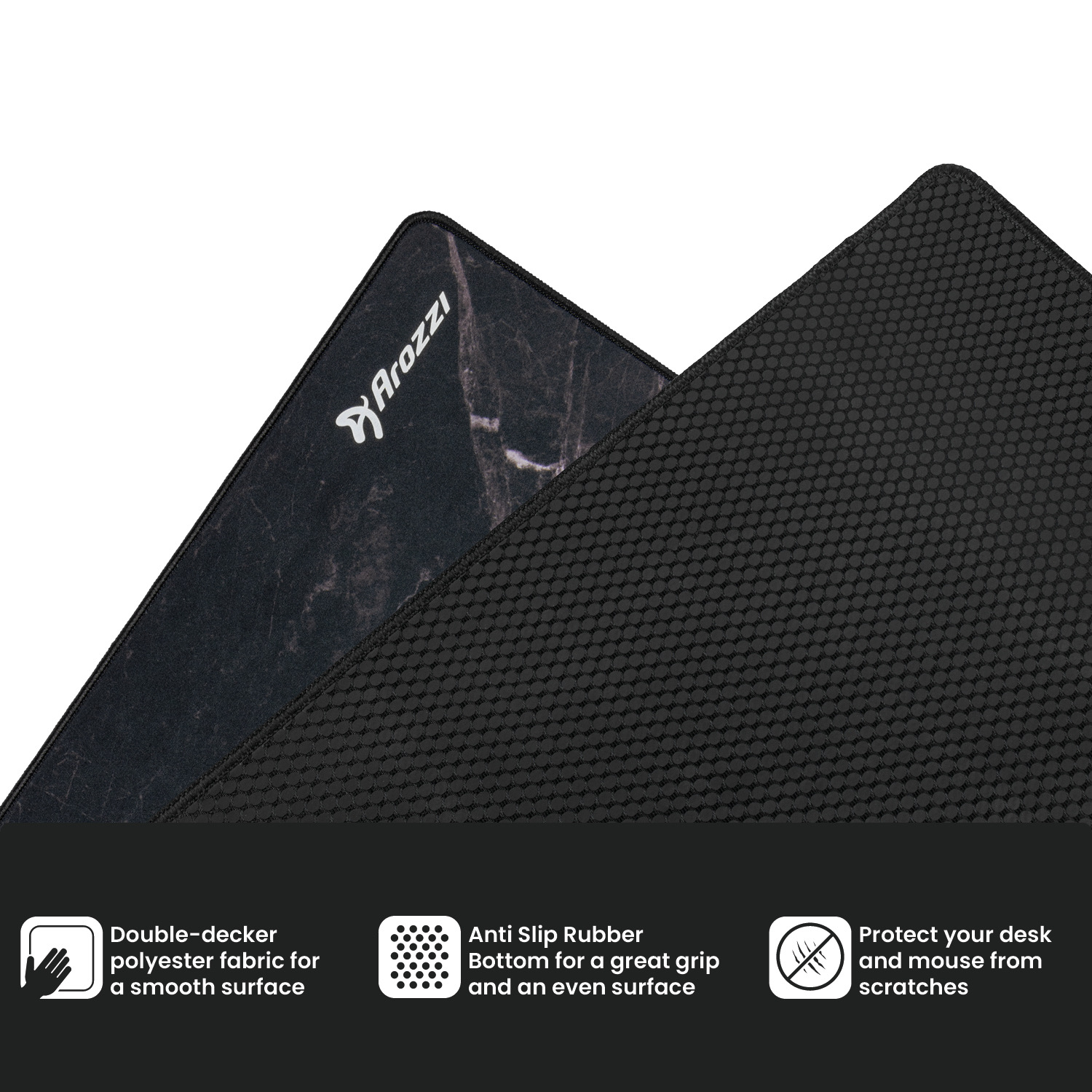 Zwei schwarze Mauspads mit Marmormuster und Gitterstruktur.