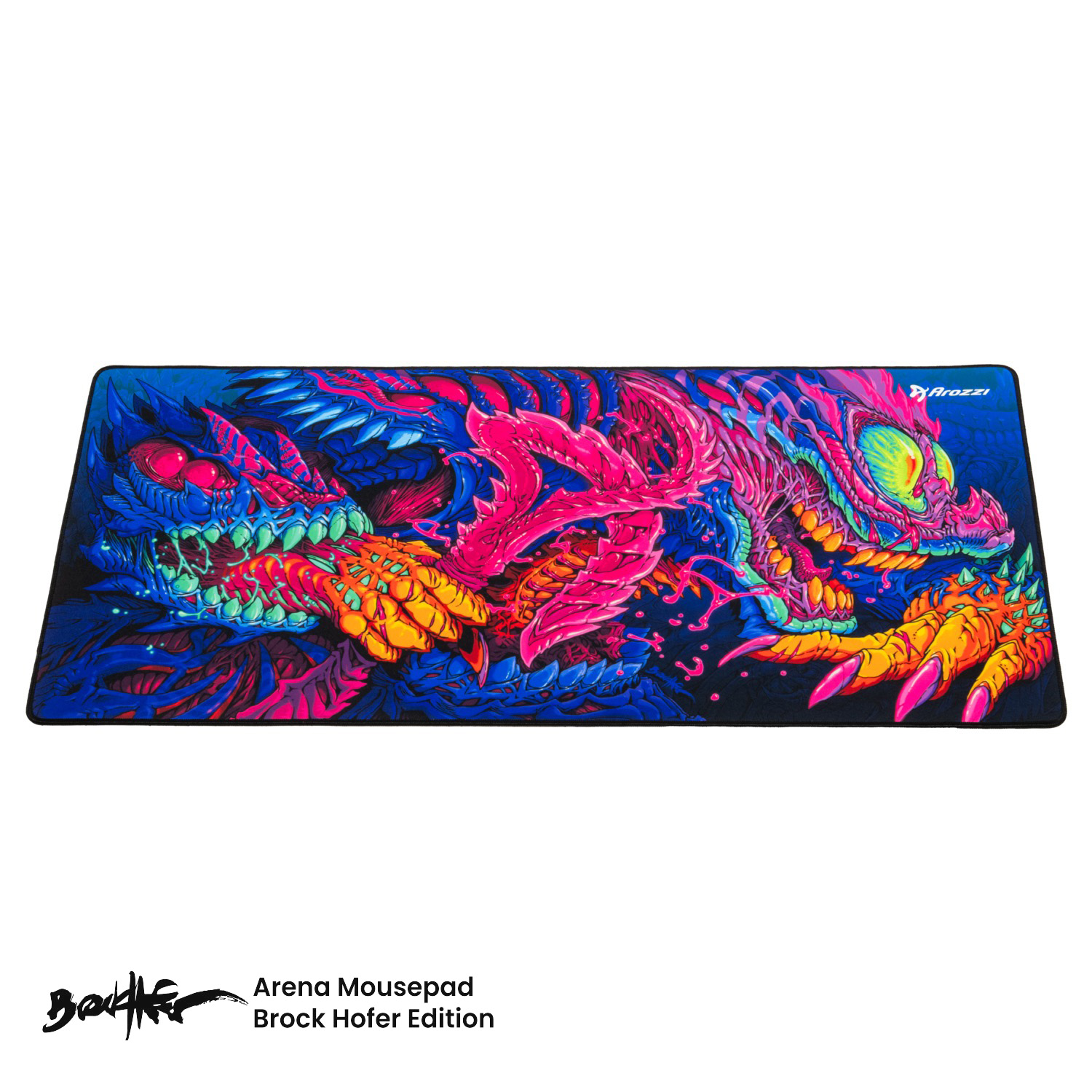 Eine bunte Mauspad-Illustration mit einem Drachenkopf und Krallen.