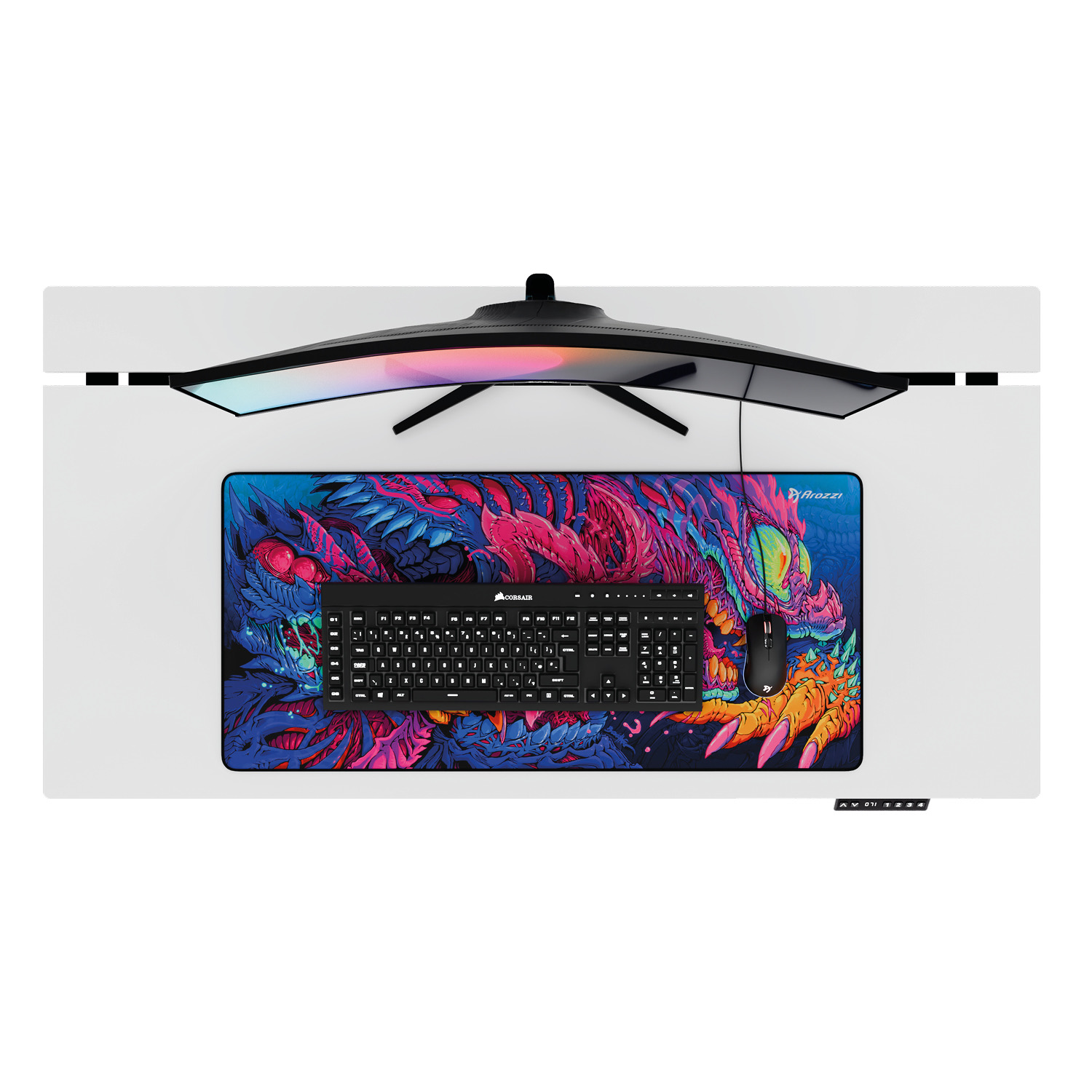 Ein gebogener Monitor über einer Tastatur und Maus auf einer bunten Drachen-Schreibtischunterlage.