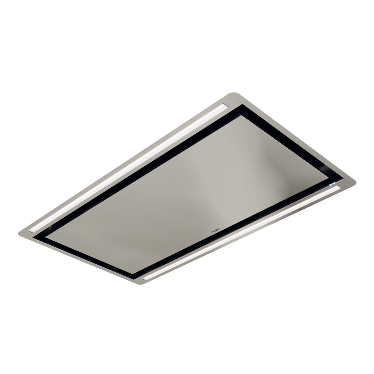 Cappa da cucina moderna con luci sottili sui lati e cornice nera.