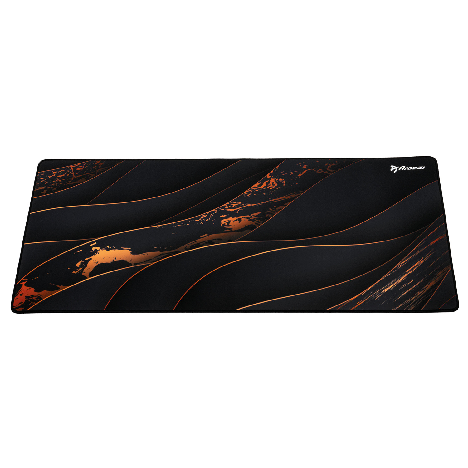 Schwarze Mausmatte mit geschwungenen Linien und orangen Marmormustern.