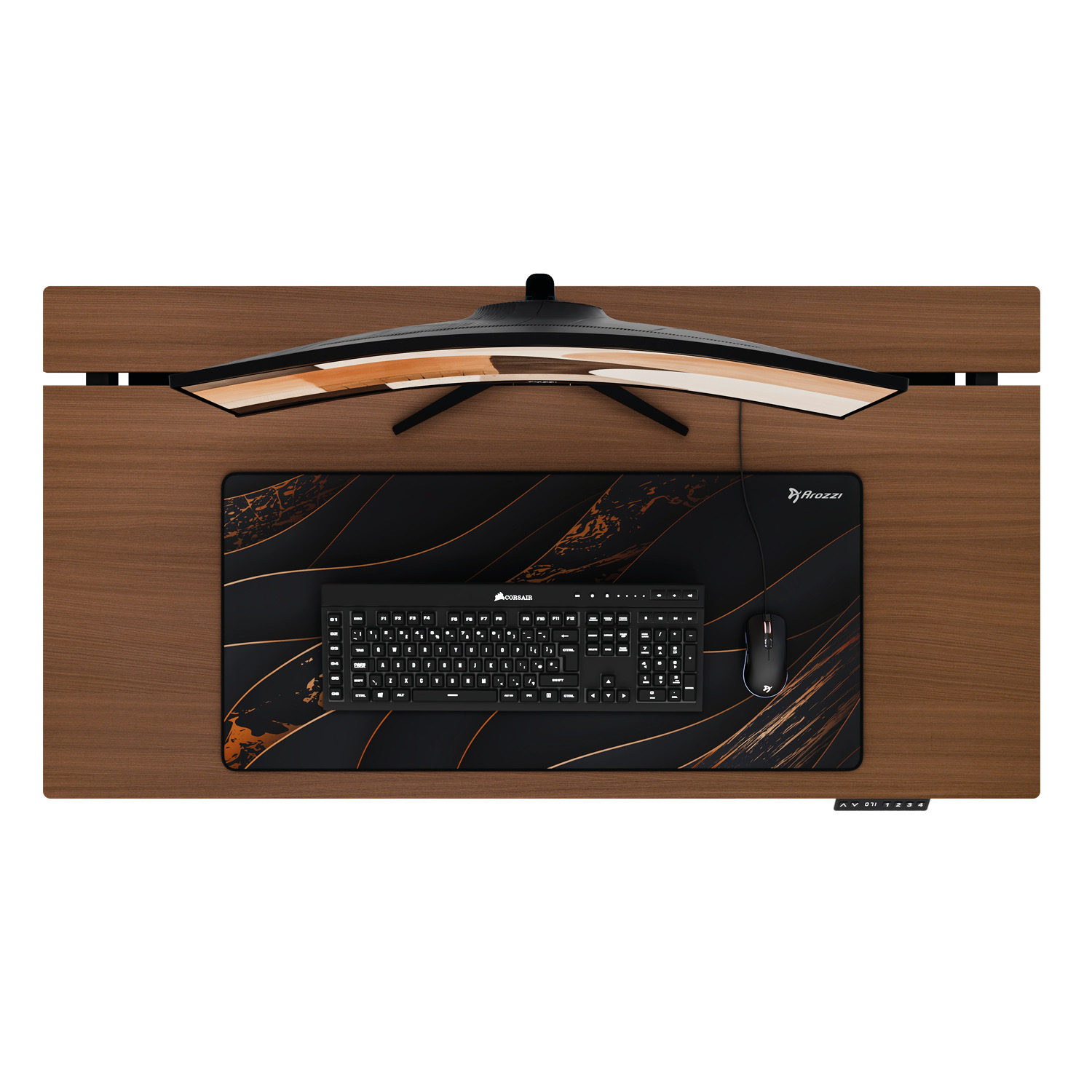 Ein gebogener Monitor, Tastatur und Maus auf einem Holzschreibtisch.