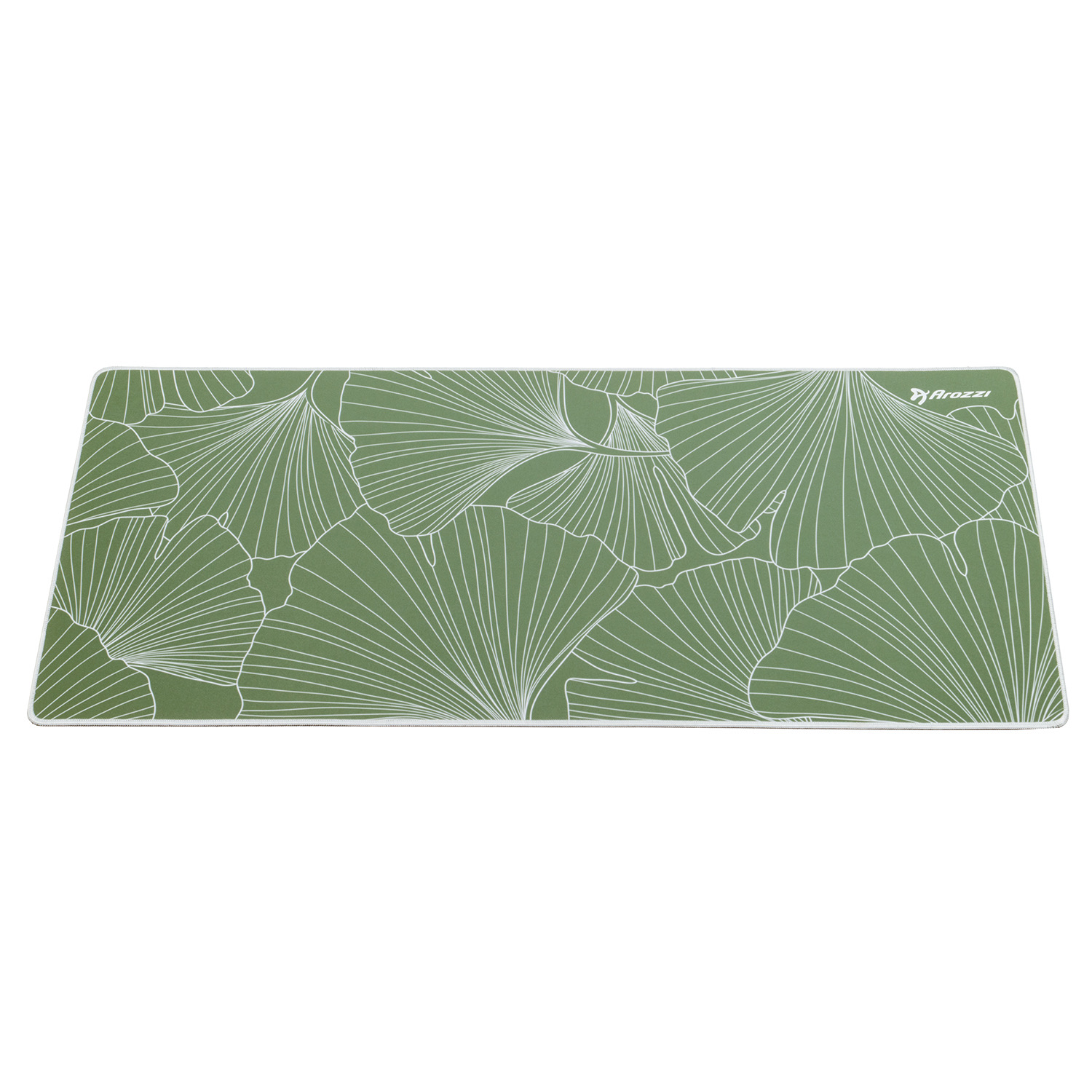 Grüne Mousepad mit weißem Ginkgoblattmuster und Arozzi-Logo.