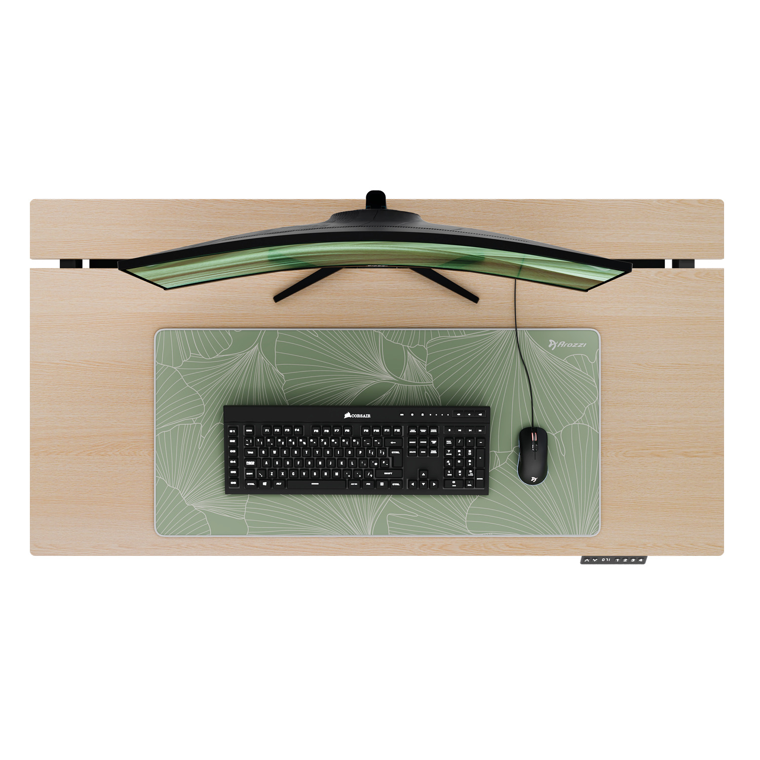 Ein gebogener Monitor, Tastatur und Maus auf einem Schreibtisch.