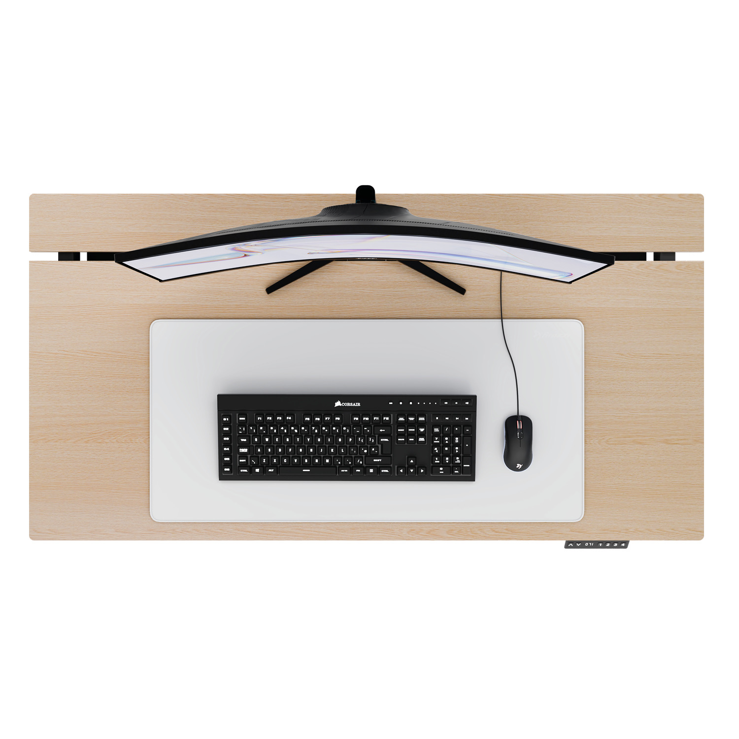 Ein gebogener Monitor, schwarze Tastatur und Maus auf einem Holztisch.