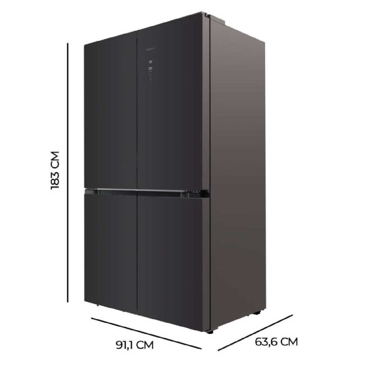 Refrigerador negro de cuatro puertas, medidas 183x91,1x63,6 cm.